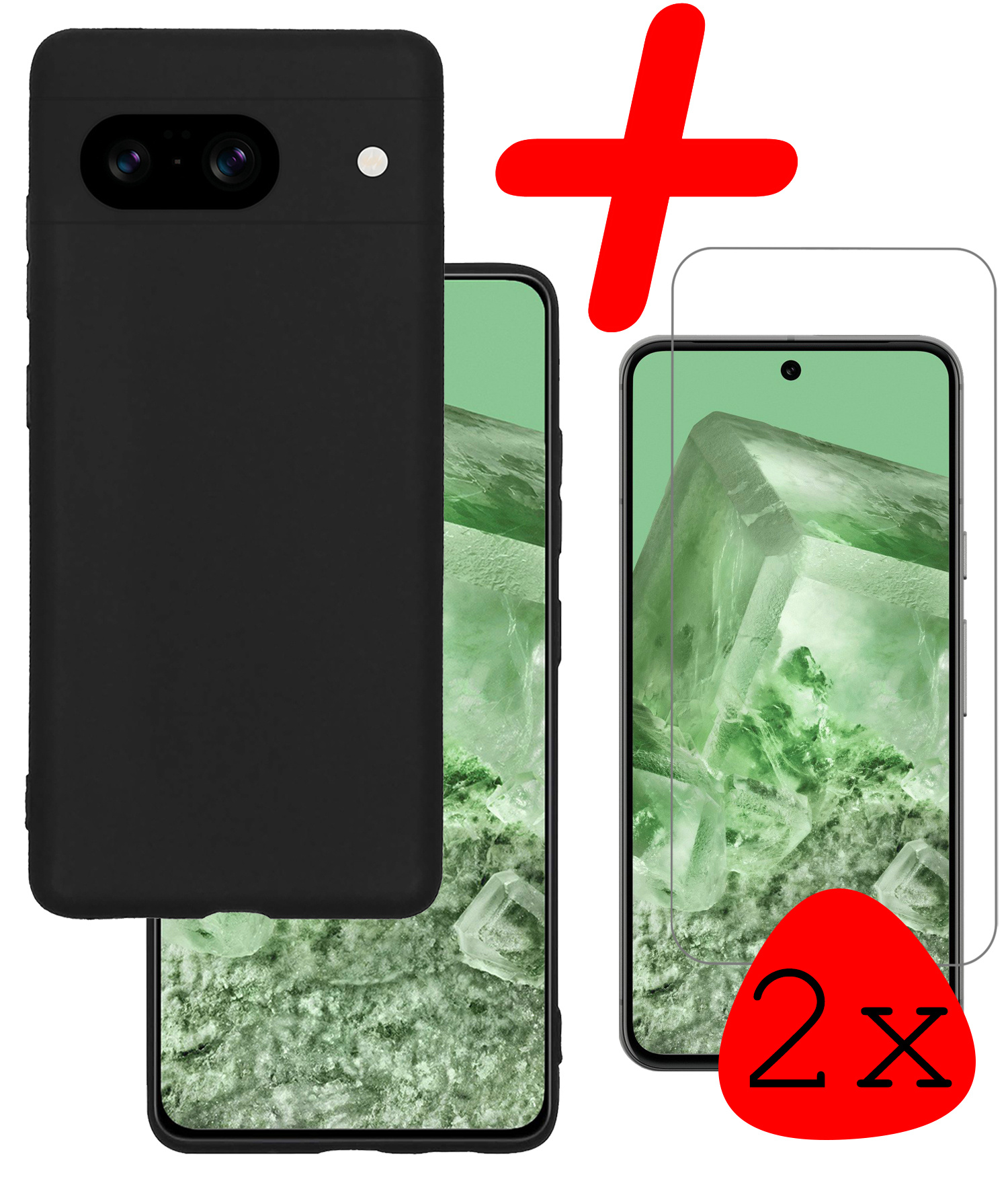 BASEY. Hoes Geschikt voor Google Pixel 8 Hoesje Siliconen Back Cover Case Met 2x Screenprotector - Hoesje Geschikt voor Google Pixel 8 Hoes Cover Hoesje - Zwart