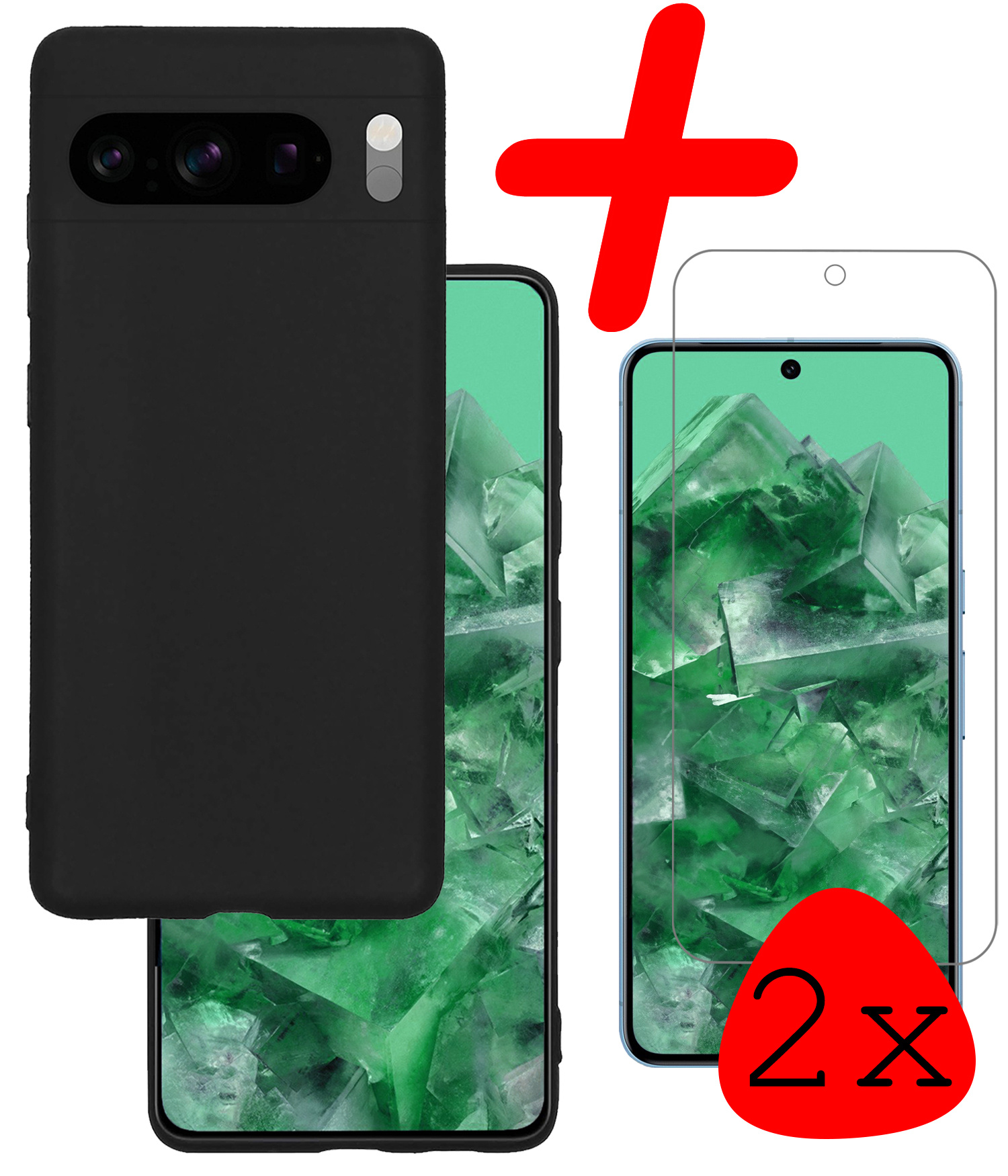 BASEY. Hoes Geschikt voor Google Pixel 8 Pro Hoesje Siliconen Back Cover Case Met 2x Screenprotector - Hoesje Geschikt voor Google Pixel 8 Pro Hoes Cover Hoesje - Zwart