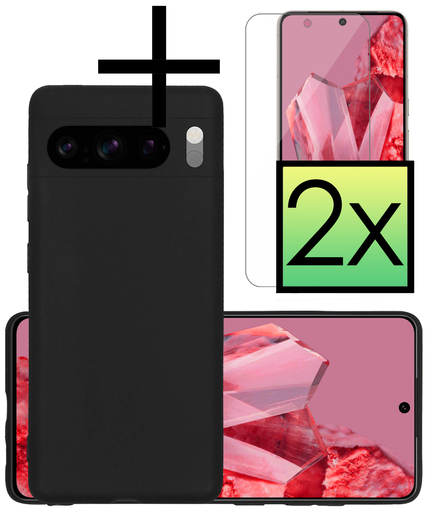 NoXx Hoes Geschikt voor Google Pixel 8 Pro Hoesje Cover Siliconen Back Case Hoes Met 2x Screenprotector - Zwart