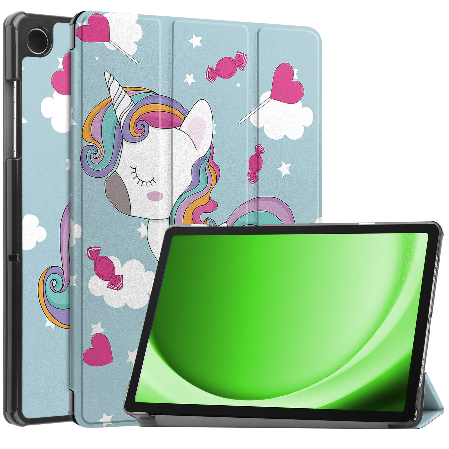 BASEY. Hoesje Geschikt voor Samsung Galaxy Tab A9 Hoes Case Tablet Hoesje Tri-fold - Hoes Geschikt voor Samsung Tab A9 Hoesje Hard Cover Bookcase Hoes - Eenhoorn