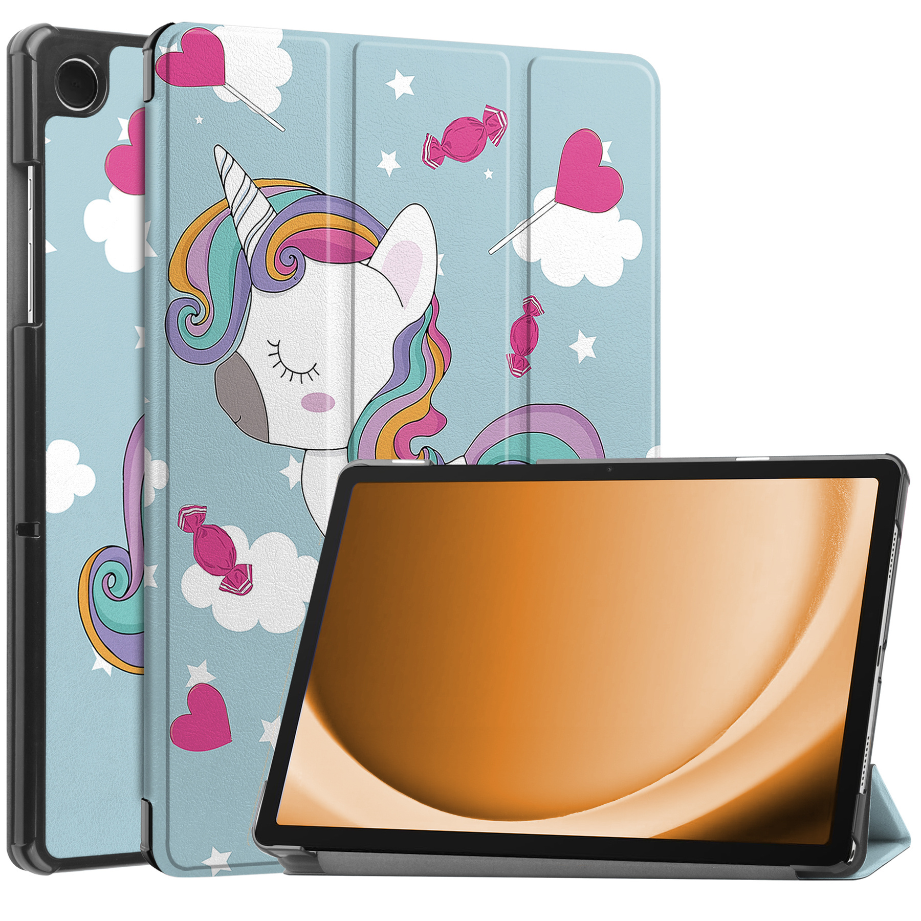 Nomfy Hoes Geschikt voor Samsung Galaxy Tab A9 Hoes Tri-fold Tablet Hoesje Case - Hoesje Geschikt voor Samsung Tab A9 Hoesje Hardcover Bookcase - Eenhoorn