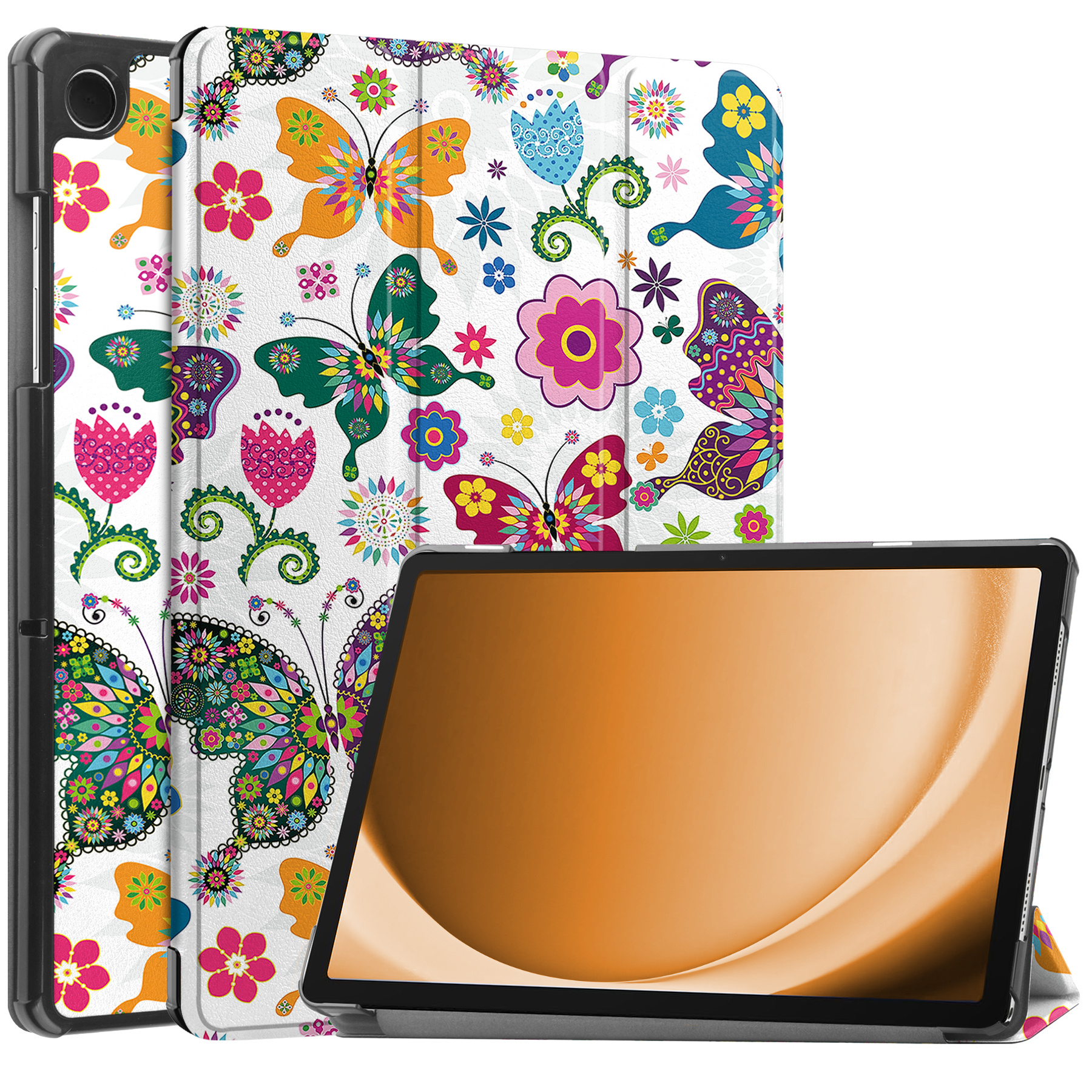 Nomfy Hoes Geschikt voor Samsung Galaxy Tab A9 Plus Hoes Tri-fold Tablet Hoesje Case - Hoesje Geschikt voor Samsung Tab A9 Plus Hoesje Hardcover Bookcase - Vlinders