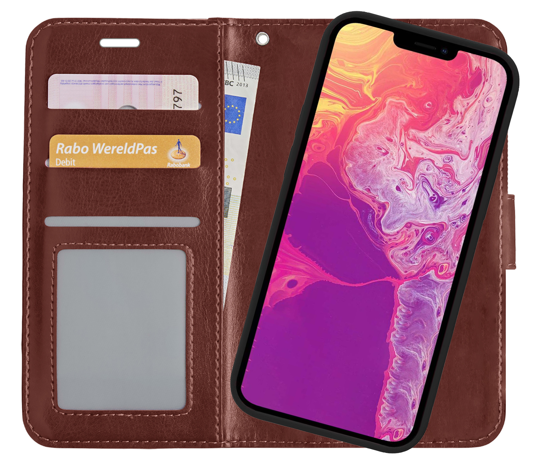 BASEY. Hoes Geschikt voor iPhone 13 Hoesje Bookcase Hoes 2-in-1 Cover - Hoesje Geschikt voor iPhone 13 Hoes 2-in-1 Hoesje Case - Bruin