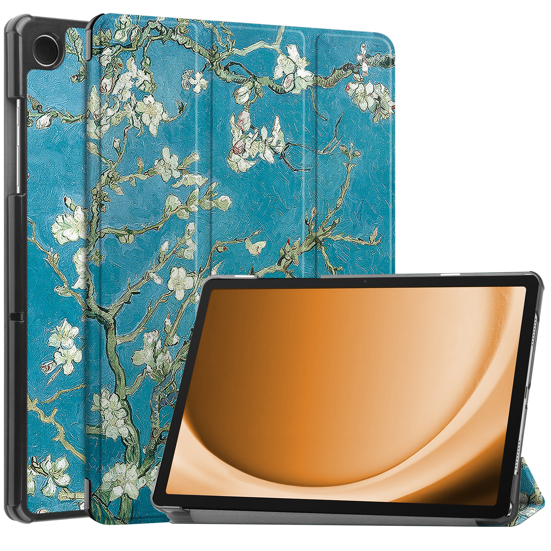 Nomfy Hoes Geschikt voor Samsung Galaxy Tab A9 Hoes Tri-fold Tablet Hoesje Case Met Screenprotector - Hoesje Geschikt voor Samsung Tab A9 Hoesje Hardcover Bookcase - Bloesem