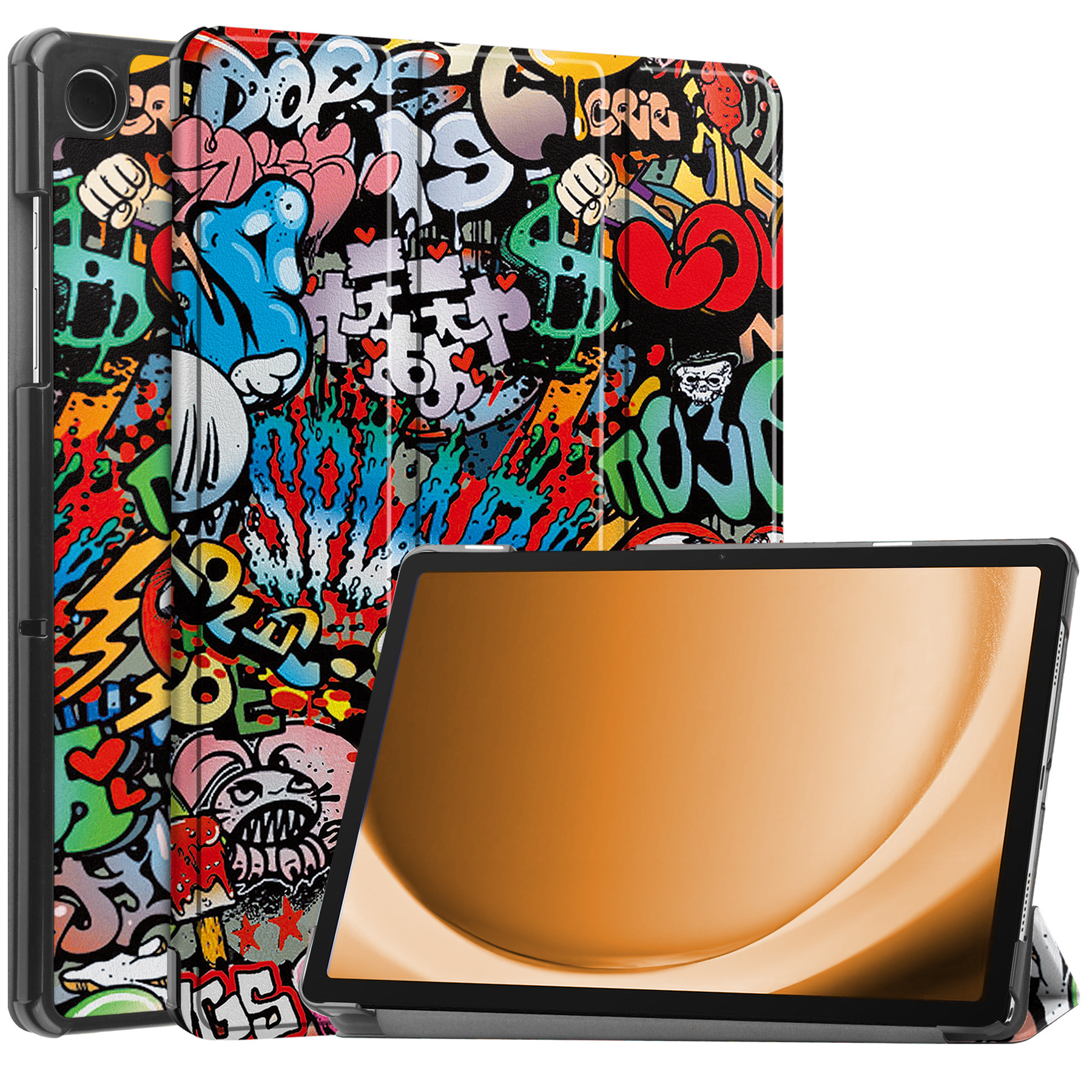 Nomfy Hoes Geschikt voor Samsung Galaxy Tab A9 Hoes Tri-fold Tablet Hoesje Case Met Screenprotector - Hoesje Geschikt voor Samsung Tab A9 Hoesje Hardcover Bookcase - Graffity