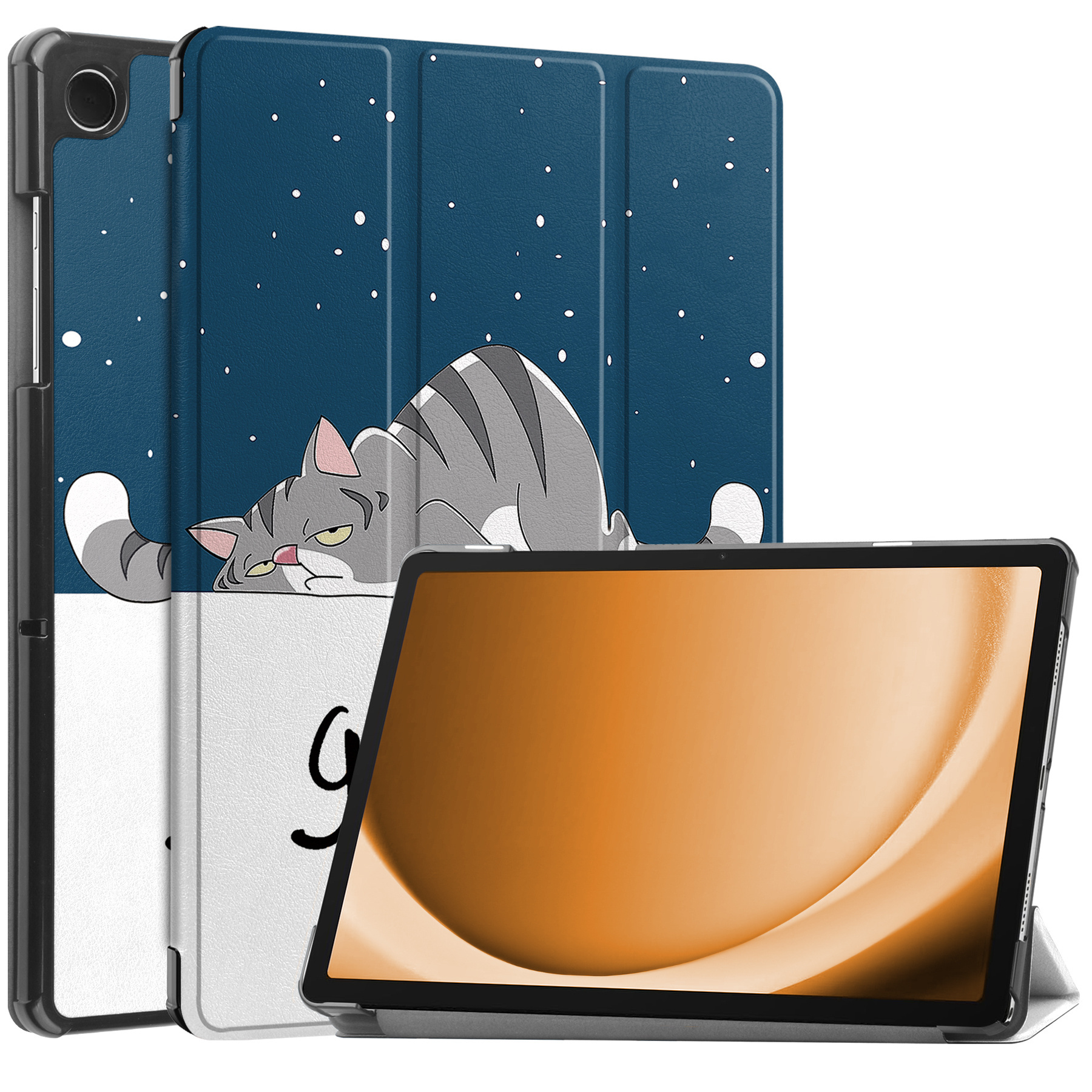 Nomfy Hoes Geschikt voor Samsung Galaxy Tab A9 Hoes Tri-fold Tablet Hoesje Case Met Screenprotector - Hoesje Geschikt voor Samsung Tab A9 Hoesje Hardcover Bookcase - Kat