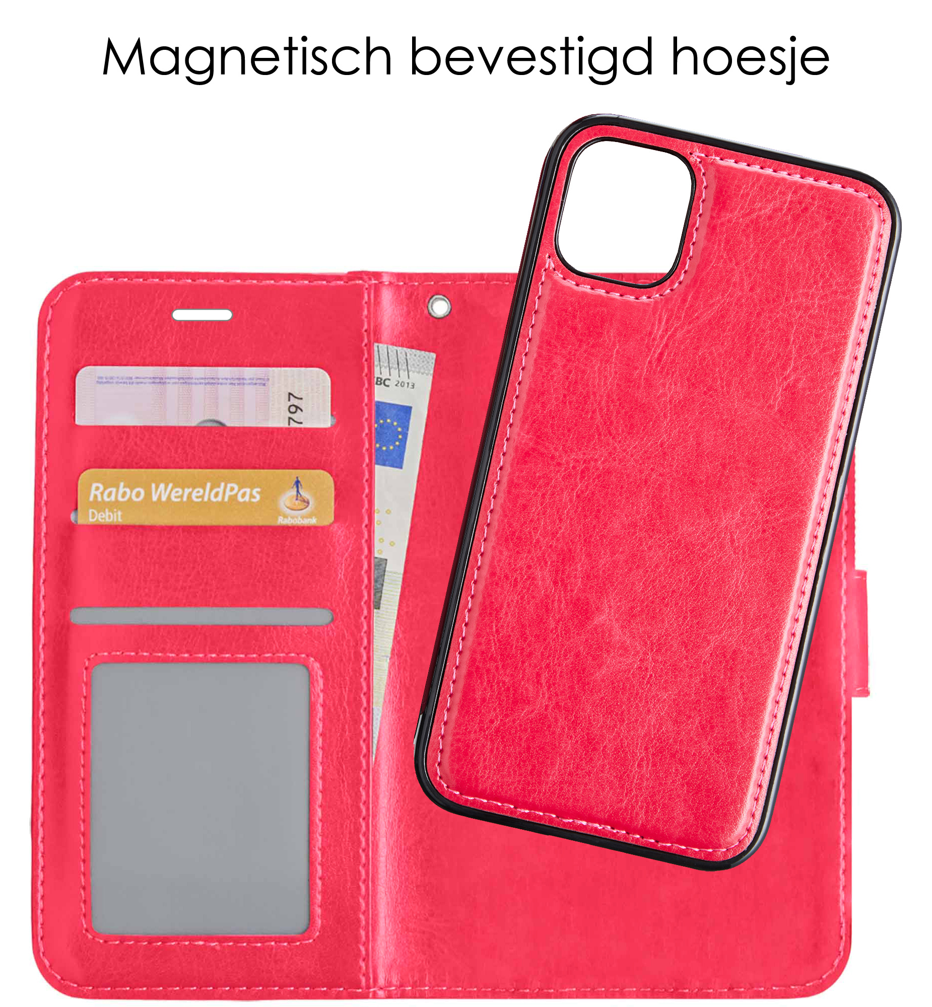 NoXx Hoes Geschikt voor iPhone 13 Mini Hoesje Bookcase Hoes 2-in-1 Uitneembaar Cover Hard Case - Donkerroze