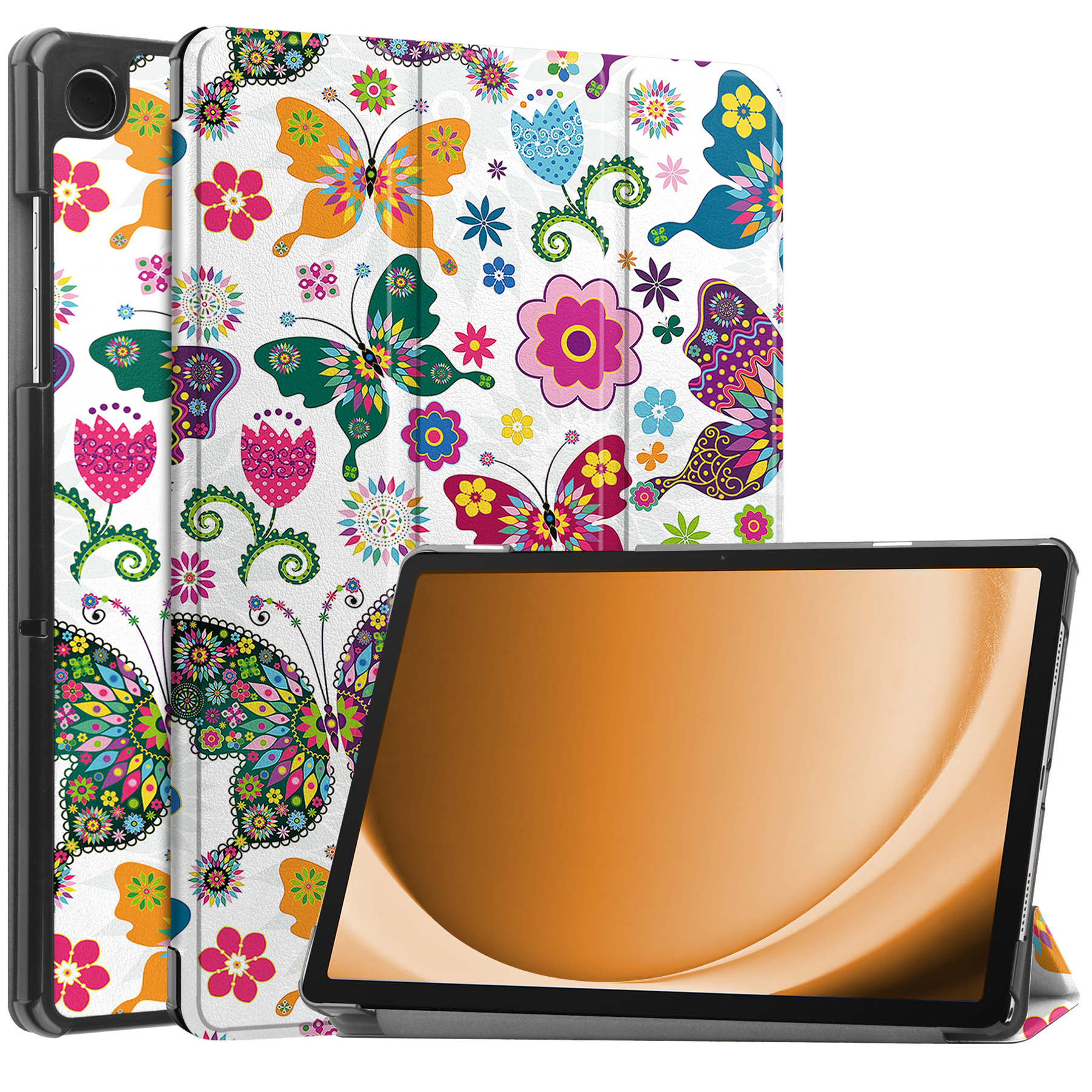 Nomfy Hoes Geschikt voor Samsung Galaxy Tab A9 Hoes Tri-fold Tablet Hoesje Case Met Screenprotector - Hoesje Geschikt voor Samsung Tab A9 Hoesje Hardcover Bookcase - Vlinders