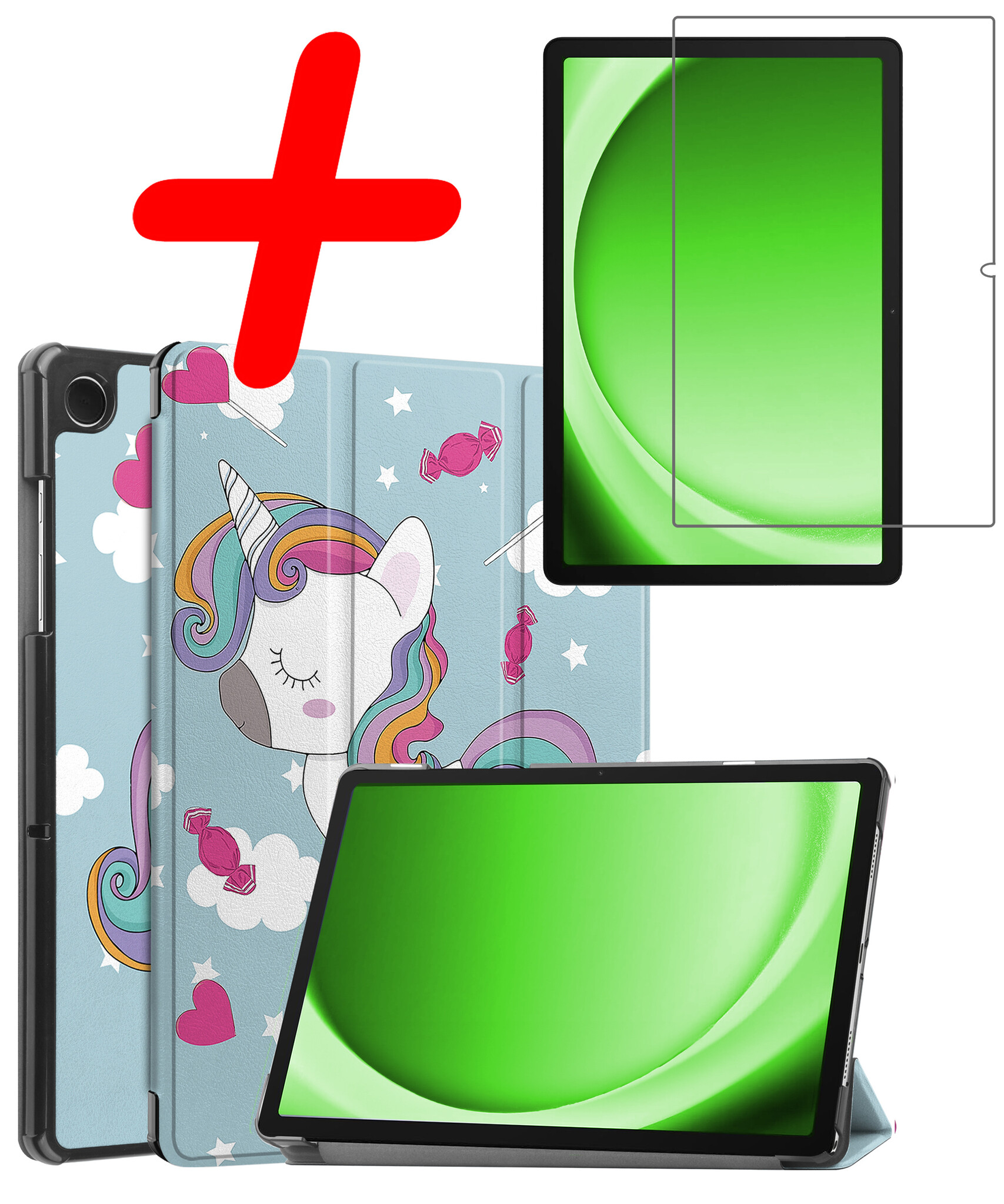 BASEY. Hoesje Geschikt voor Samsung Galaxy Tab A9 Hoes Case Tablet Hoesje Tri-fold Met Screenprotector - Hoes Geschikt voor Samsung Tab A9 Hoesje Hard Cover Bookcase Hoes - Eenhoorn