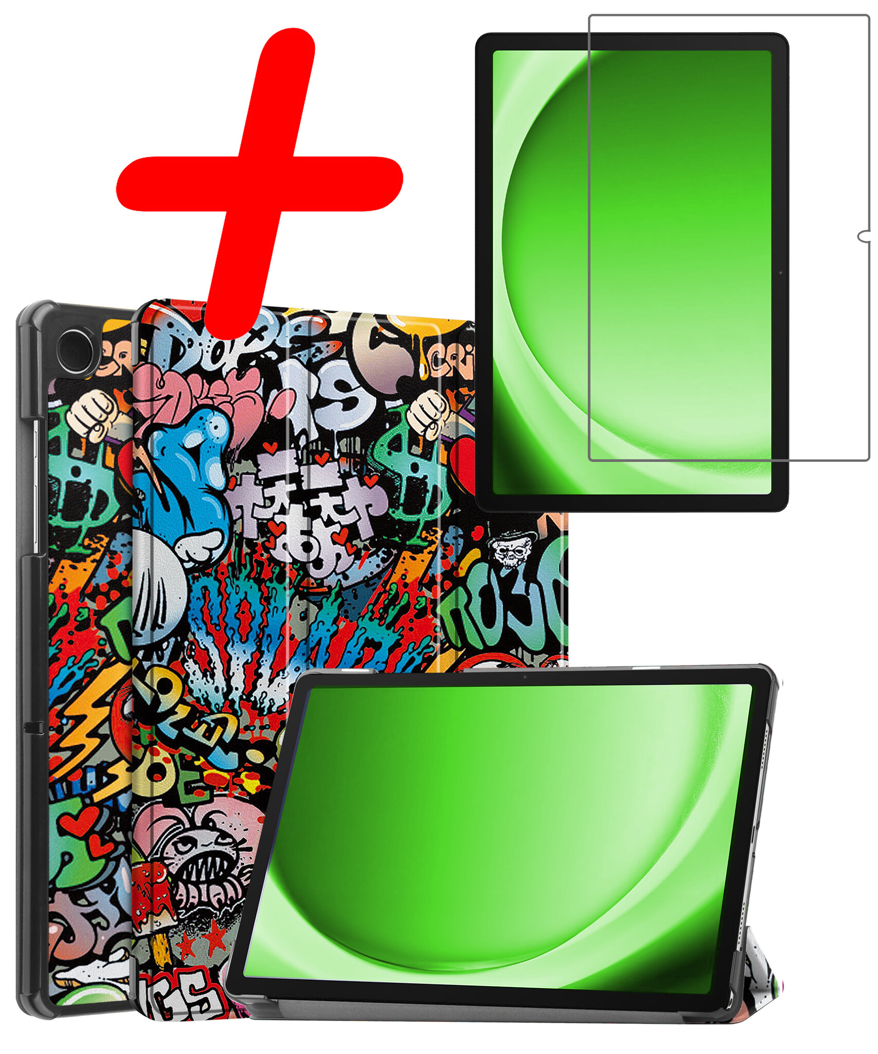 BASEY. Hoesje Geschikt voor Samsung Galaxy Tab A9 Hoes Case Tablet Hoesje Tri-fold Met Screenprotector - Hoes Geschikt voor Samsung Tab A9 Hoesje Hard Cover Bookcase Hoes - Graffity