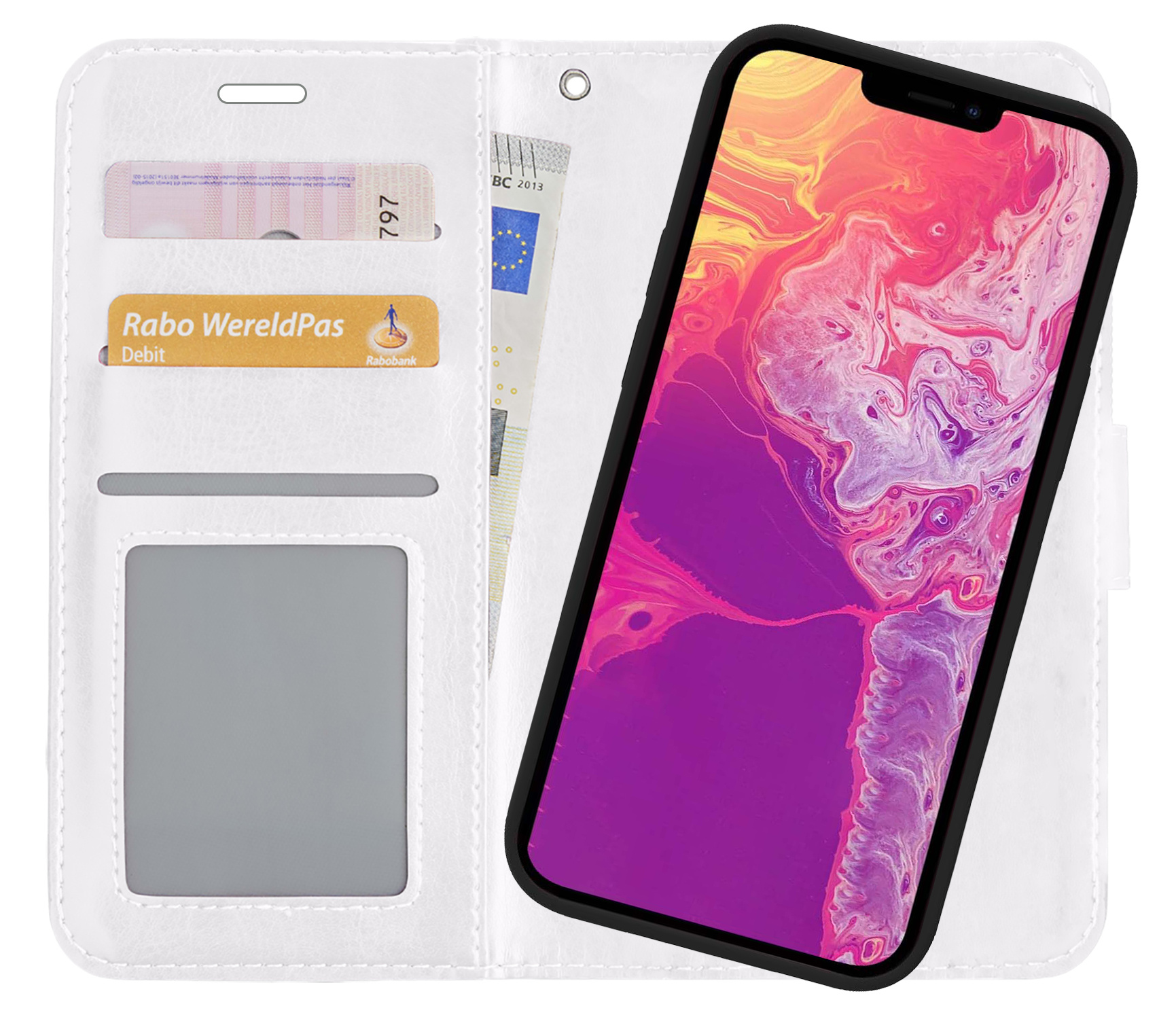 BASEY. Hoes Geschikt voor iPhone 13 Mini Hoesje Bookcase Hoes 2-in-1 Cover - Hoesje Geschikt voor iPhone 13 Mini Hoes 2-in-1 Hoesje Case - Wit