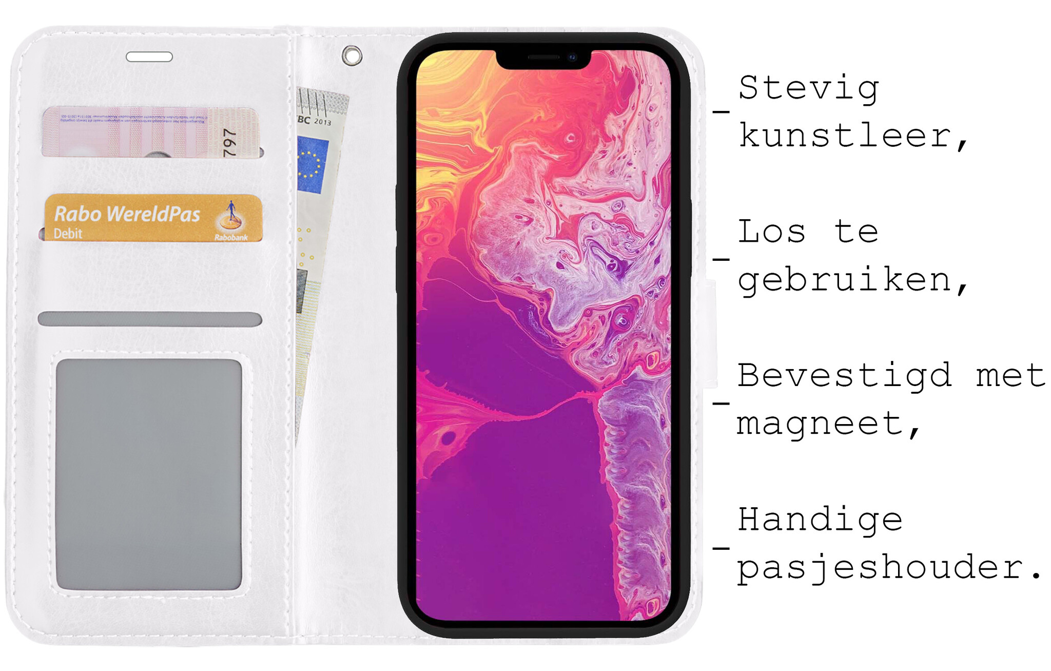 BASEY. Hoes Geschikt voor iPhone 13 Mini Hoesje Bookcase Hoes 2-in-1 Cover - Hoesje Geschikt voor iPhone 13 Mini Hoes 2-in-1 Hoesje Case - Wit