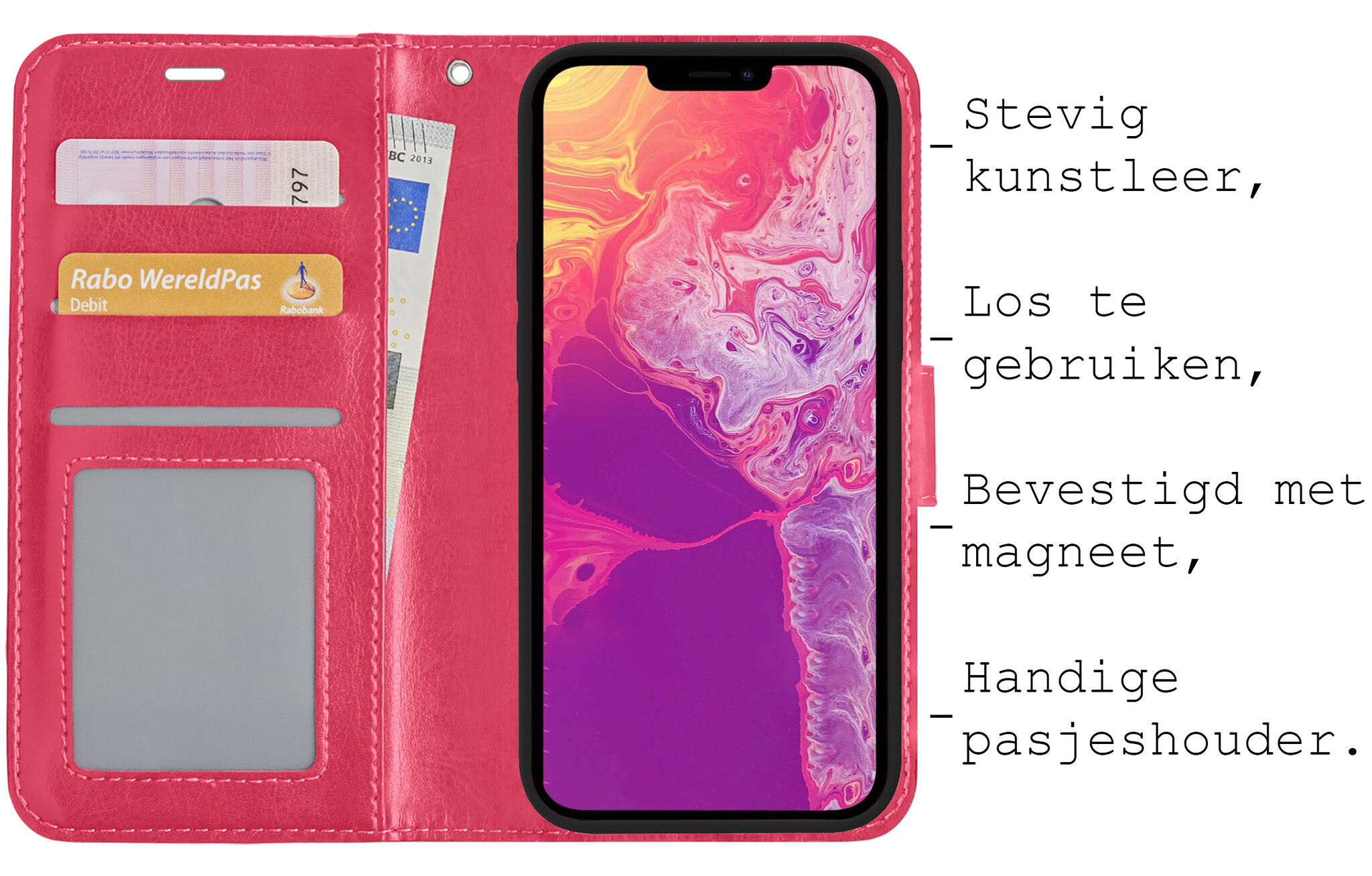 BASEY. Hoes Geschikt voor iPhone 13 Mini Hoesje Bookcase Hoes 2-in-1 Cover - Hoesje Geschikt voor iPhone 13 Mini Hoes 2-in-1 Hoesje Case - Donkerroze