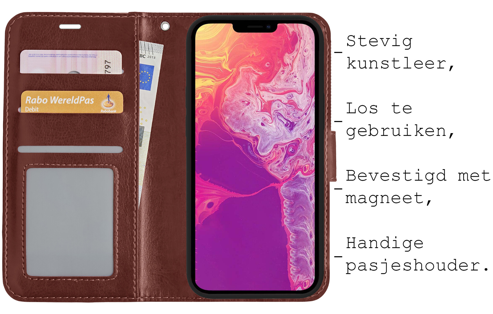 BASEY. Hoes Geschikt voor iPhone 13 Mini Hoesje Bookcase Hoes 2-in-1 Cover - Hoesje Geschikt voor iPhone 13 Mini Hoes 2-in-1 Hoesje Case - Bruin