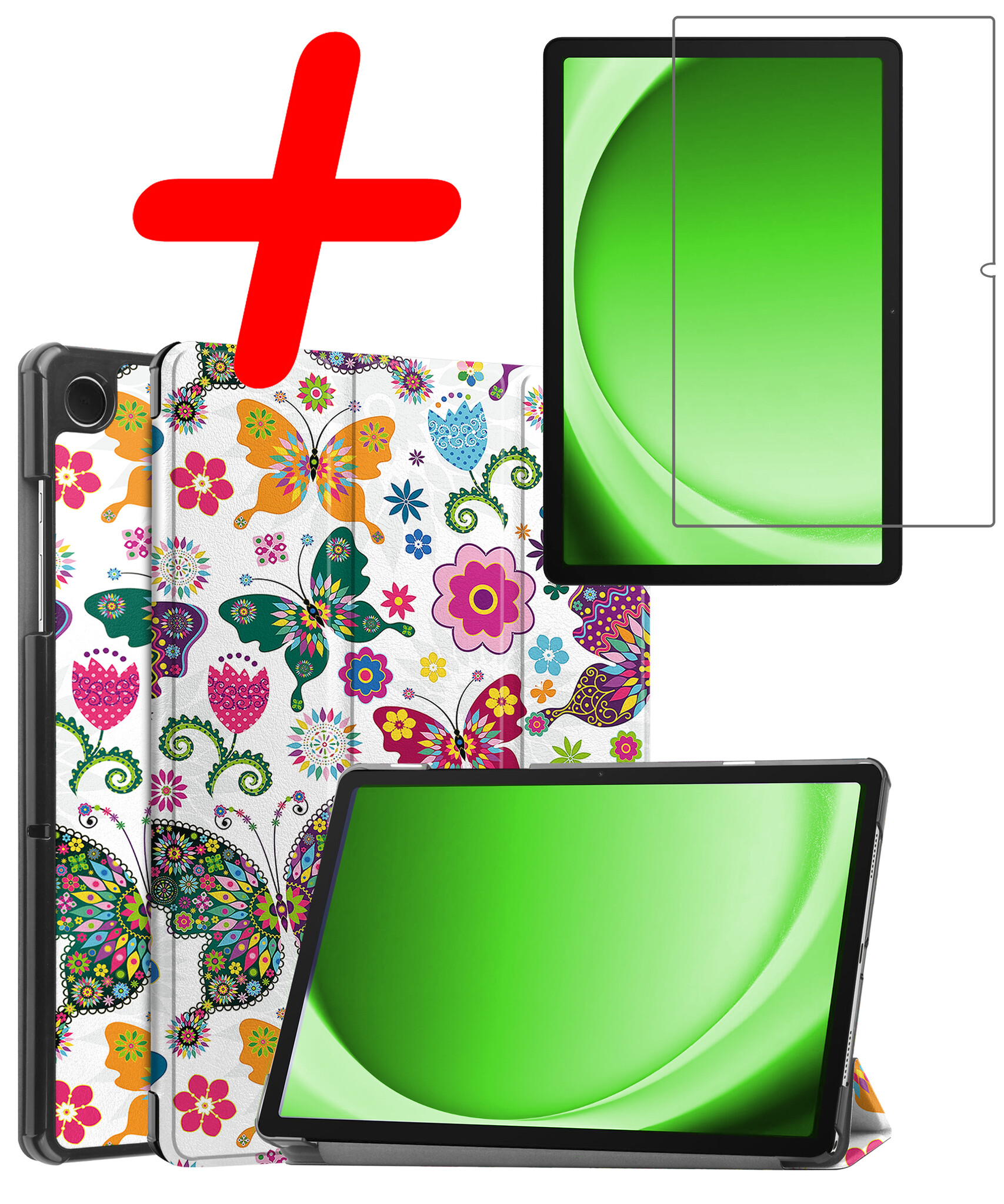 BASEY. Hoesje Geschikt voor Samsung Galaxy Tab A9 Hoes Case Tablet Hoesje Tri-fold Met Screenprotector - Hoes Geschikt voor Samsung Tab A9 Hoesje Hard Cover Bookcase Hoes - Vlinders