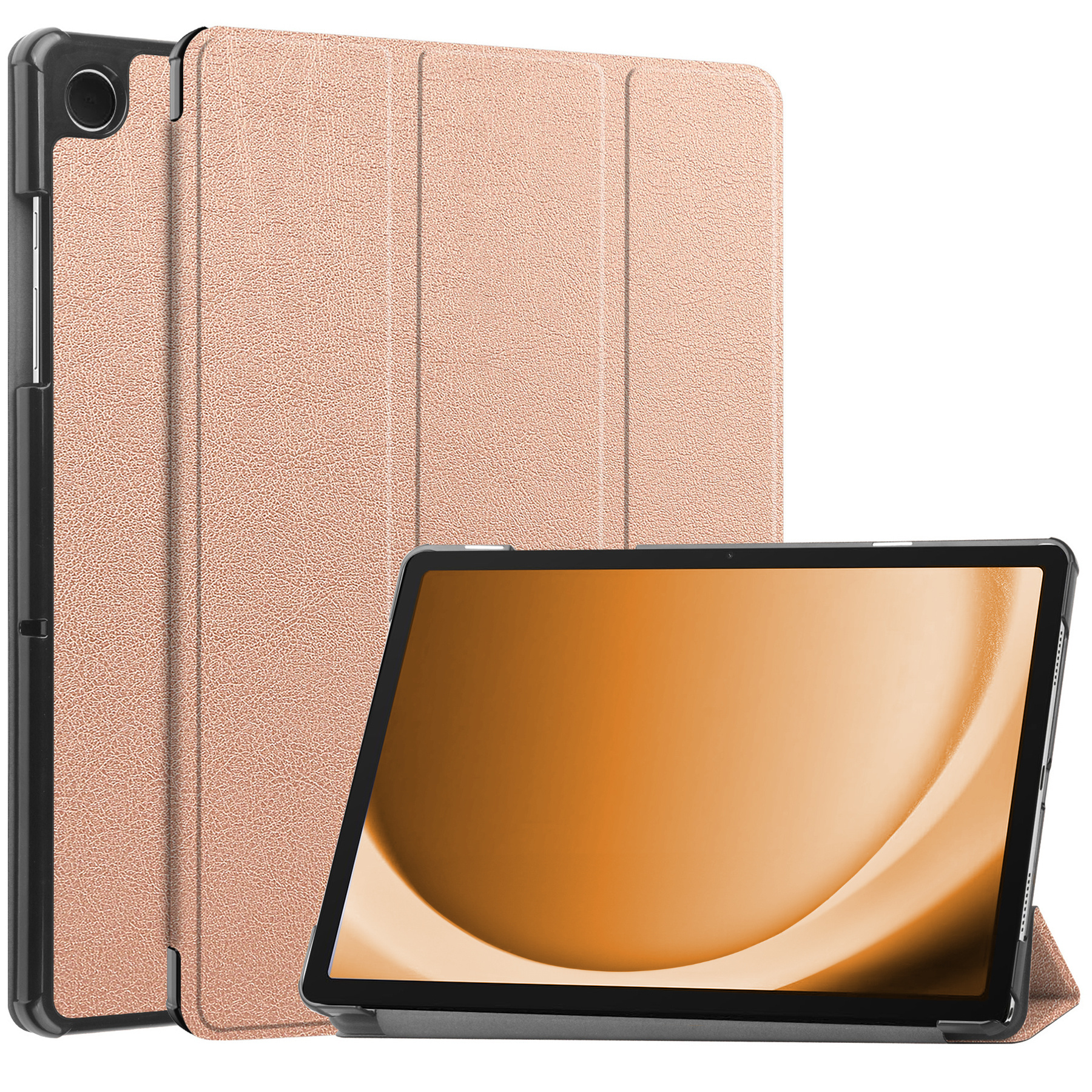 Nomfy Hoes Geschikt voor Samsung Galaxy Tab A9 Plus Hoes Tri-fold Tablet Hoesje Case Met Screenprotector - Hoesje Geschikt voor Samsung Tab A9 Plus Hoesje Hardcover Bookcase - Rosé goud