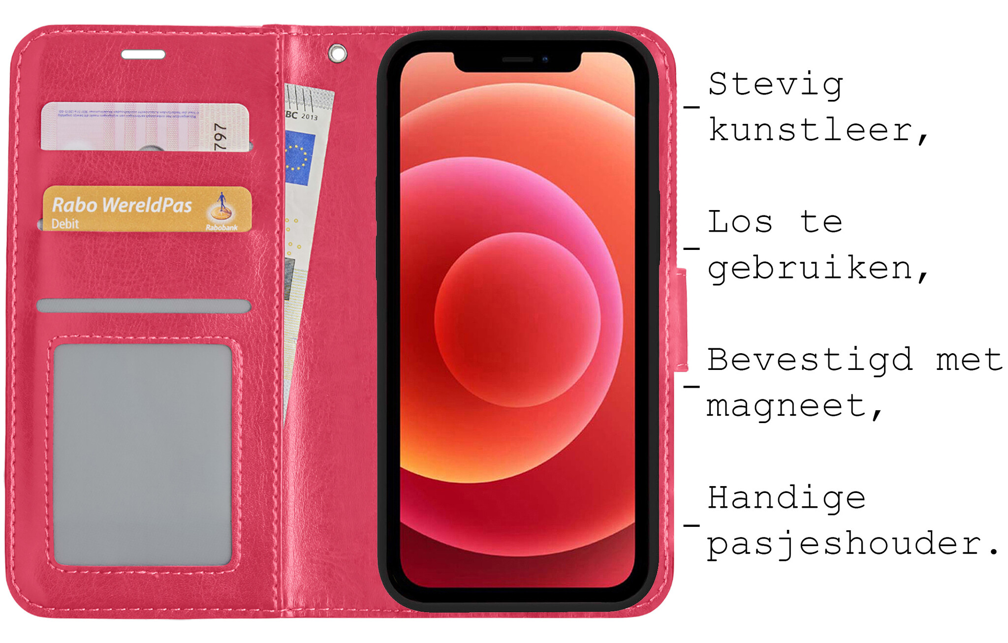 BASEY. Hoes Geschikt voor iPhone 12 Mini Hoesje Bookcase Hoes 2-in-1 Cover - Hoesje Geschikt voor iPhone 12 Mini Hoes 2-in-1 Hoesje Case - Donkerroze