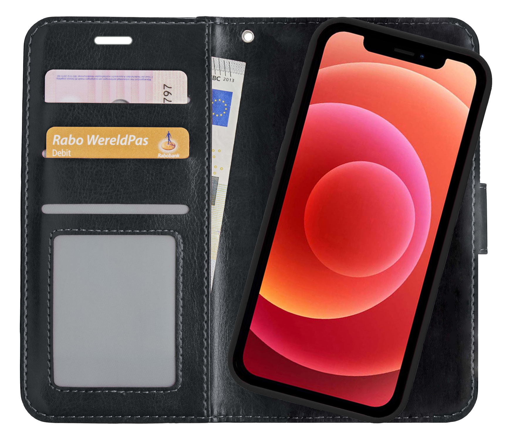 BASEY. Hoes Geschikt voor iPhone 12 Mini Hoesje Bookcase Hoes 2-in-1 Cover - Hoesje Geschikt voor iPhone 12 Mini Hoes 2-in-1 Hoesje Case - Zwart