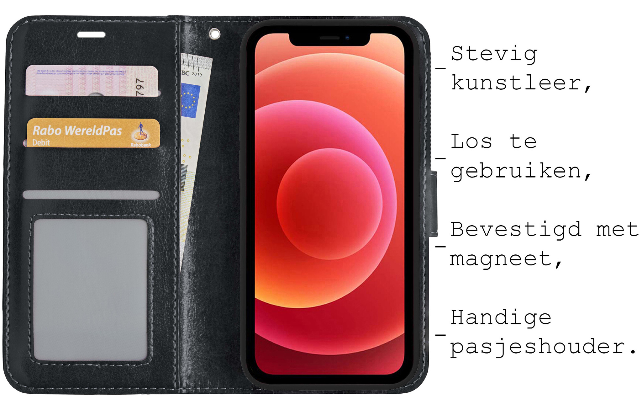 BASEY. Hoes Geschikt voor iPhone 12 Mini Hoesje Bookcase Hoes 2-in-1 Cover - Hoesje Geschikt voor iPhone 12 Mini Hoes 2-in-1 Hoesje Case - Zwart