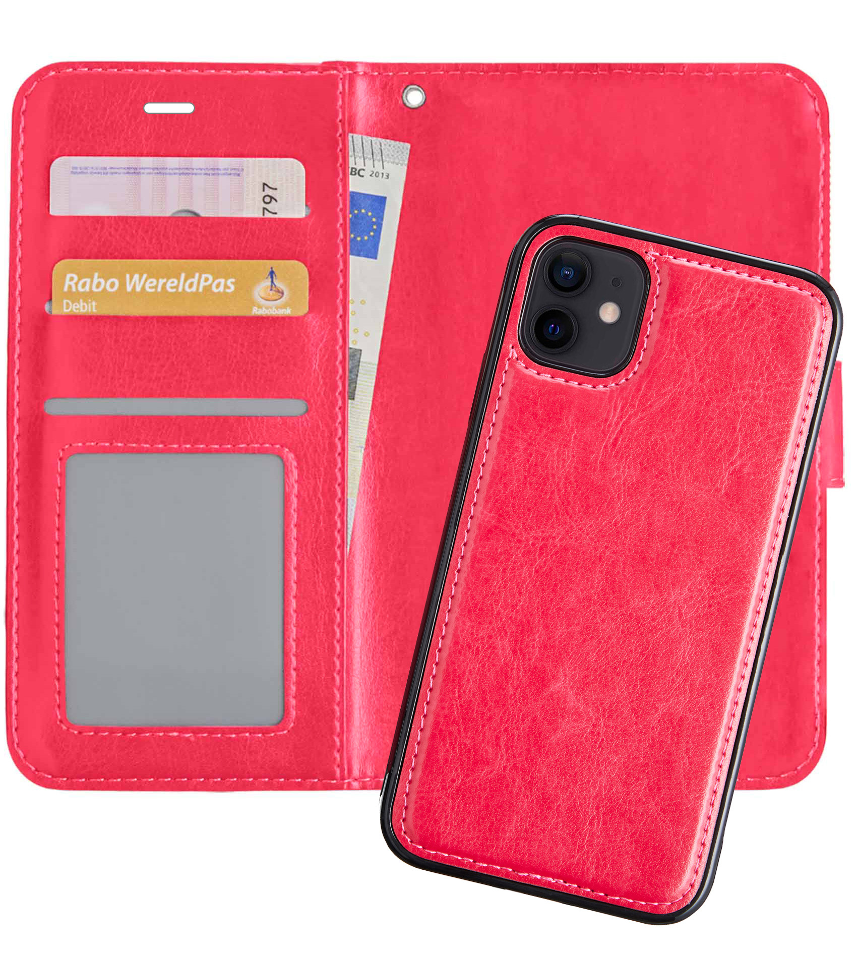 Nomfy Hoesje Geschikt voor iPhone 12 Mini Hoesje 2-in-1 Bookcase Hoes Case Uitneembaar - Hoes Geschikt voor iPhone 12 Mini Hoes Cover - Donkerroze