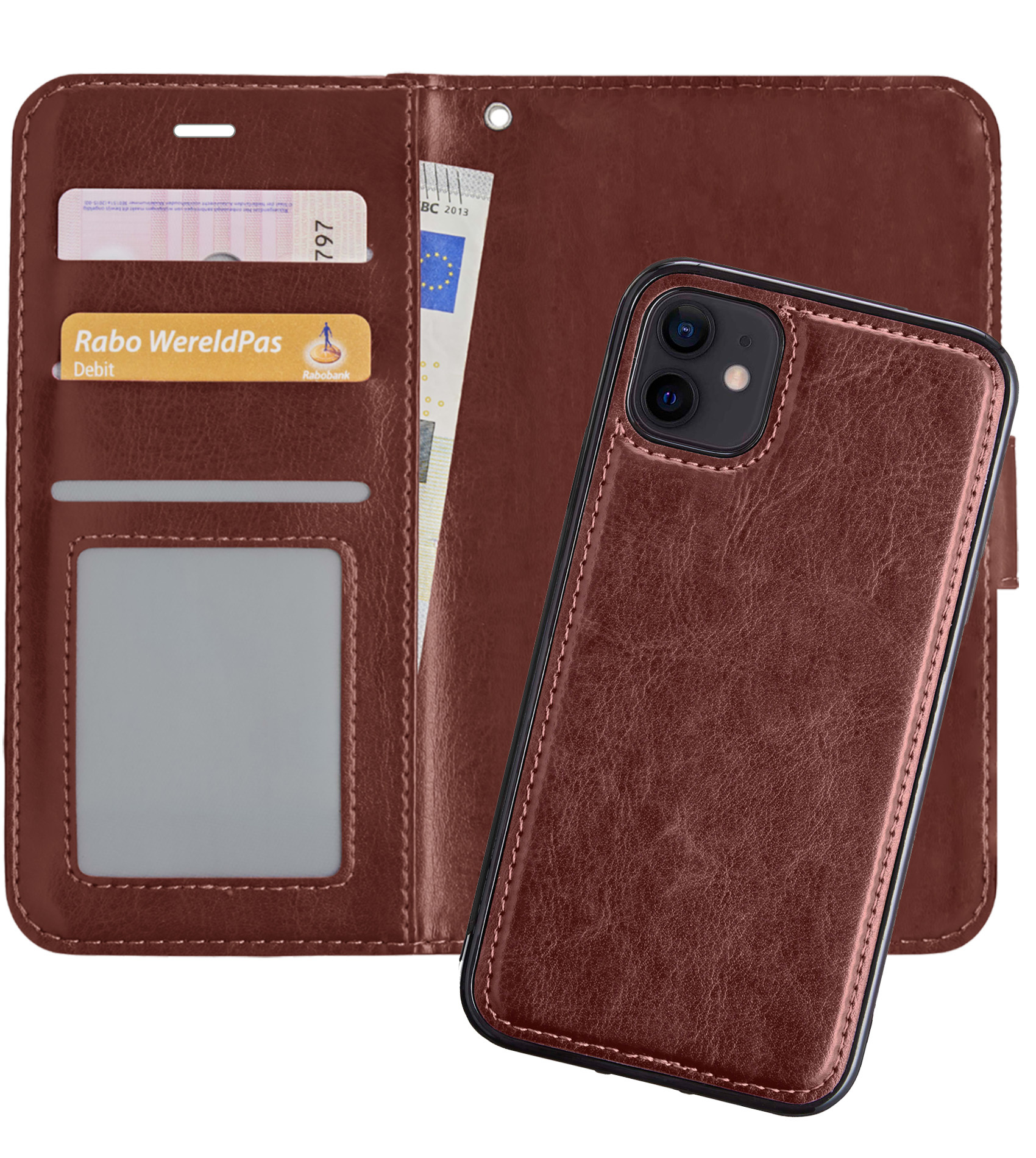 Nomfy Hoesje Geschikt voor iPhone 12 Mini Hoesje 2-in-1 Bookcase Hoes Case Uitneembaar - Hoes Geschikt voor iPhone 12 Mini Hoes Cover - Bruin