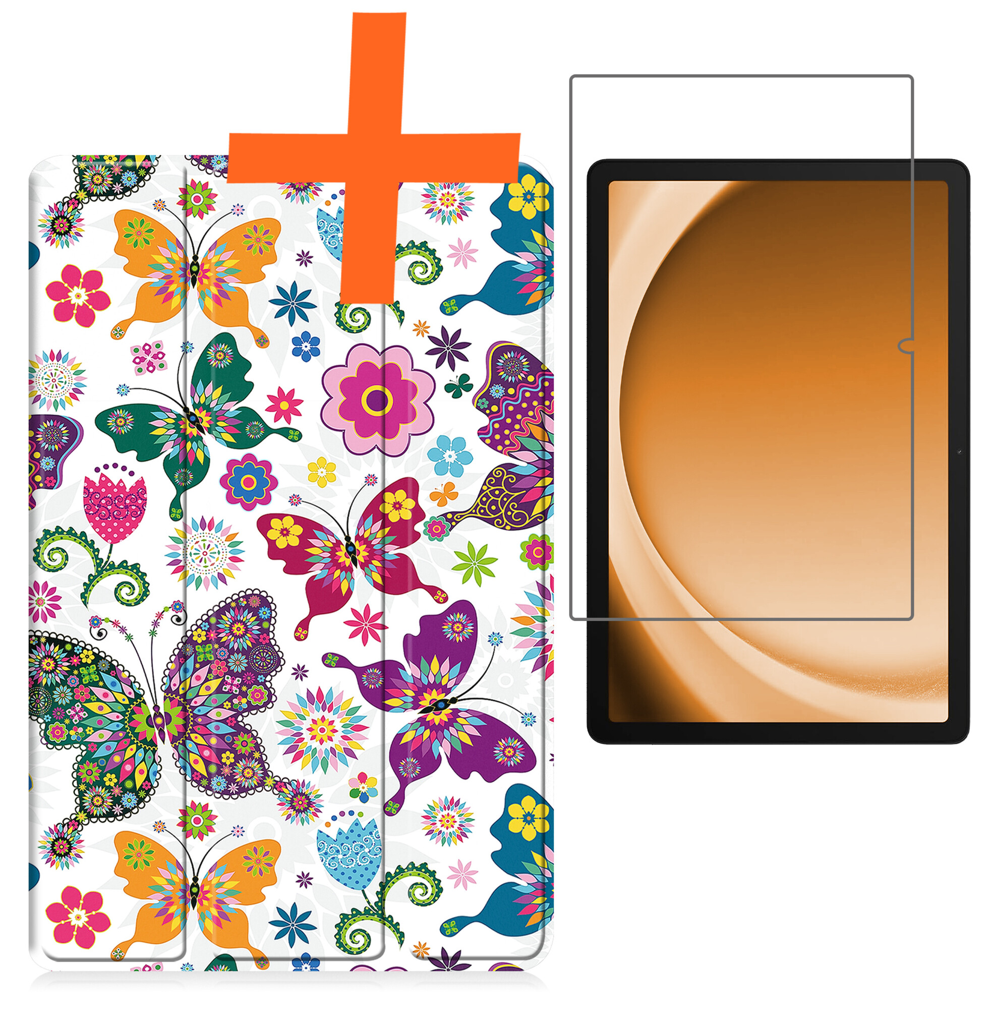 Nomfy Hoes Geschikt voor Samsung Galaxy Tab A9 Hoes Tri-fold Tablet Hoesje Case Met Screenprotector - Hoesje Geschikt voor Samsung Tab A9 Hoesje Hardcover Bookcase - Vlinders
