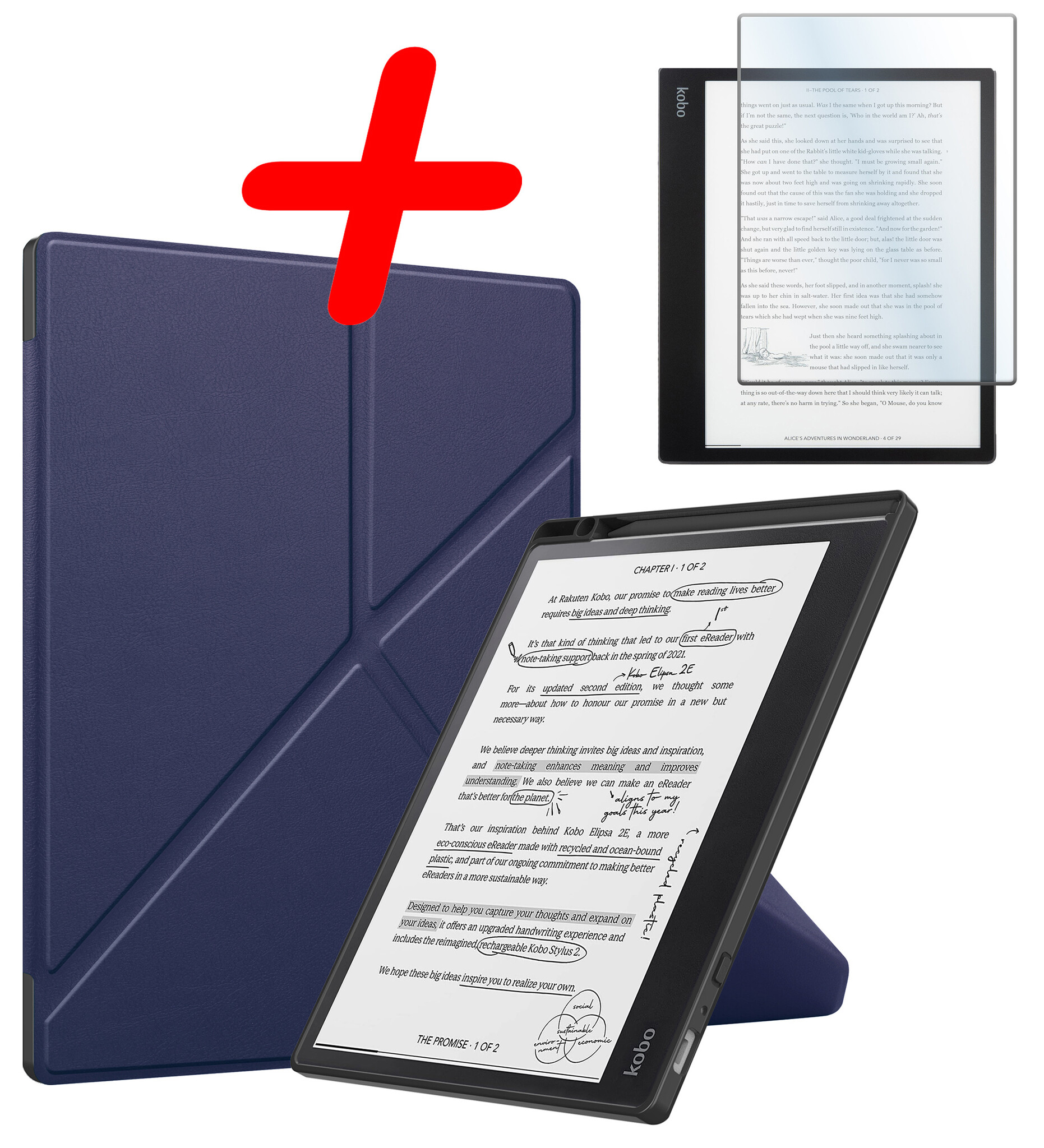 BASEY. Hoes Geschikt voor Kobo Elipsa 2E Hoesje Bookcase Cover Hoes Met Screenprotector - Hoesje Geschikt voor Kobo Elipsa 2E Hoes Cover Case - Donkerblauw