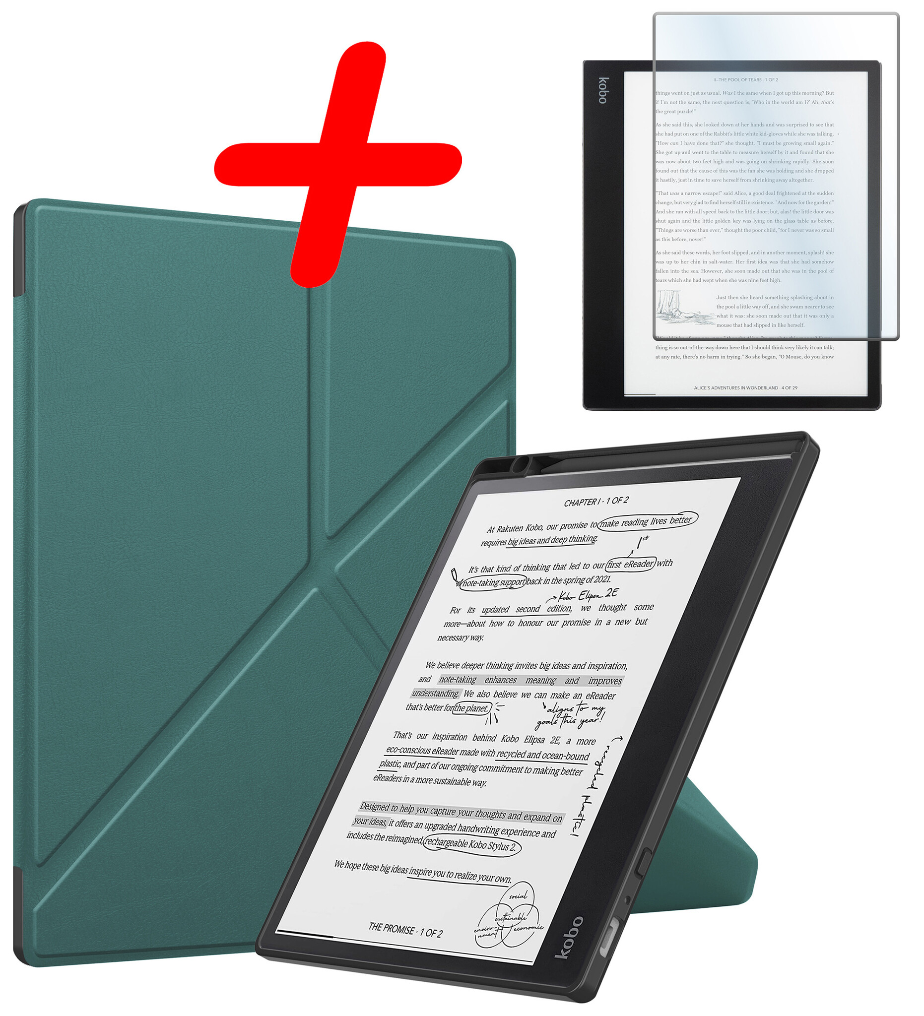 BASEY. Hoes Geschikt voor Kobo Elipsa 2E Hoesje Bookcase Cover Hoes Met Screenprotector - Hoesje Geschikt voor Kobo Elipsa 2E Hoes Cover Case - Donkergroen