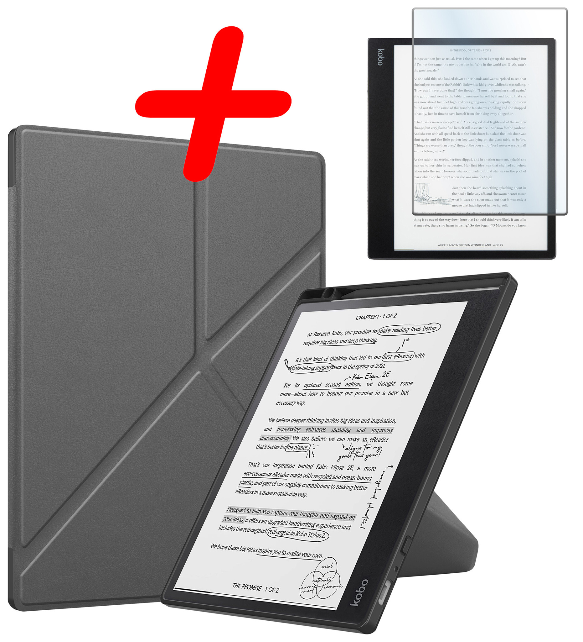BASEY. Hoes Geschikt voor Kobo Elipsa 2E Hoesje Bookcase Cover Hoes Met Screenprotector - Hoesje Geschikt voor Kobo Elipsa 2E Hoes Cover Case - Grijs