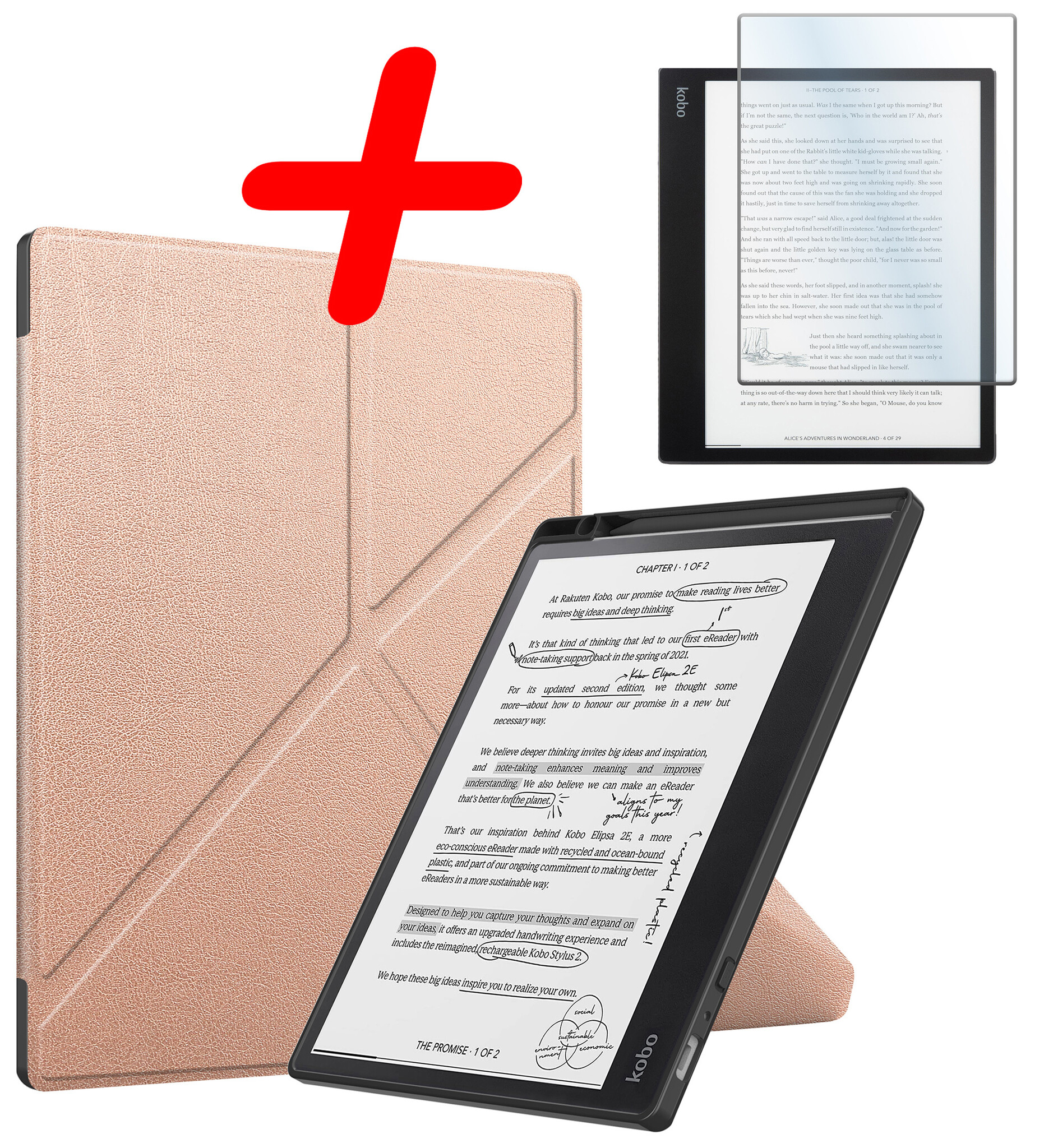 BASEY. Hoes Geschikt voor Kobo Elipsa 2E Hoesje Bookcase Cover Hoes Met Screenprotector - Hoesje Geschikt voor Kobo Elipsa 2E Hoes Cover Case - Rosé Goud