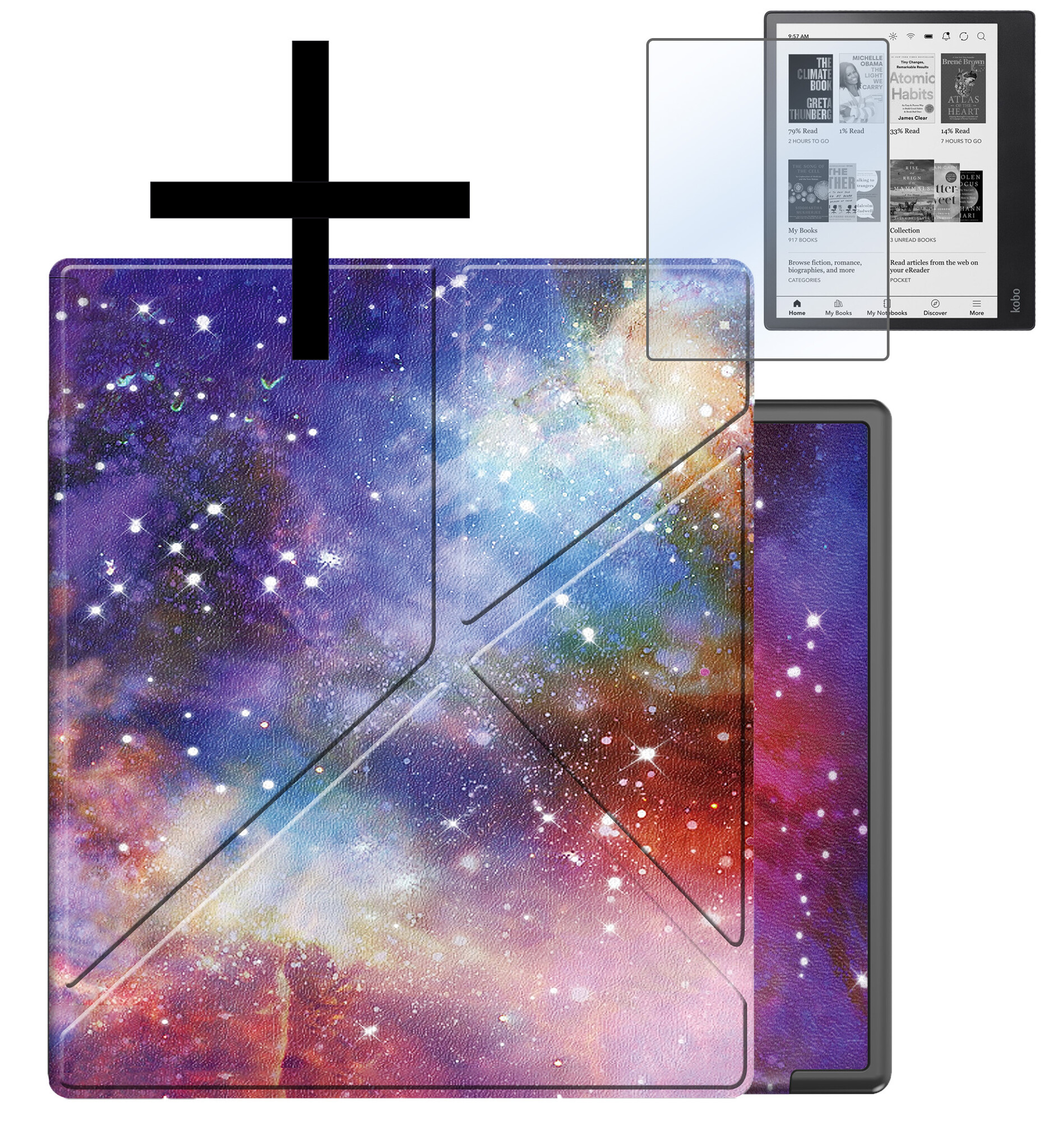 NoXx Hoes Geschikt voor Kobo Elipsa 2E Hoesje Bookcase Cover Book Case Hoes Sleepcover Met Screenprotector - Galaxy