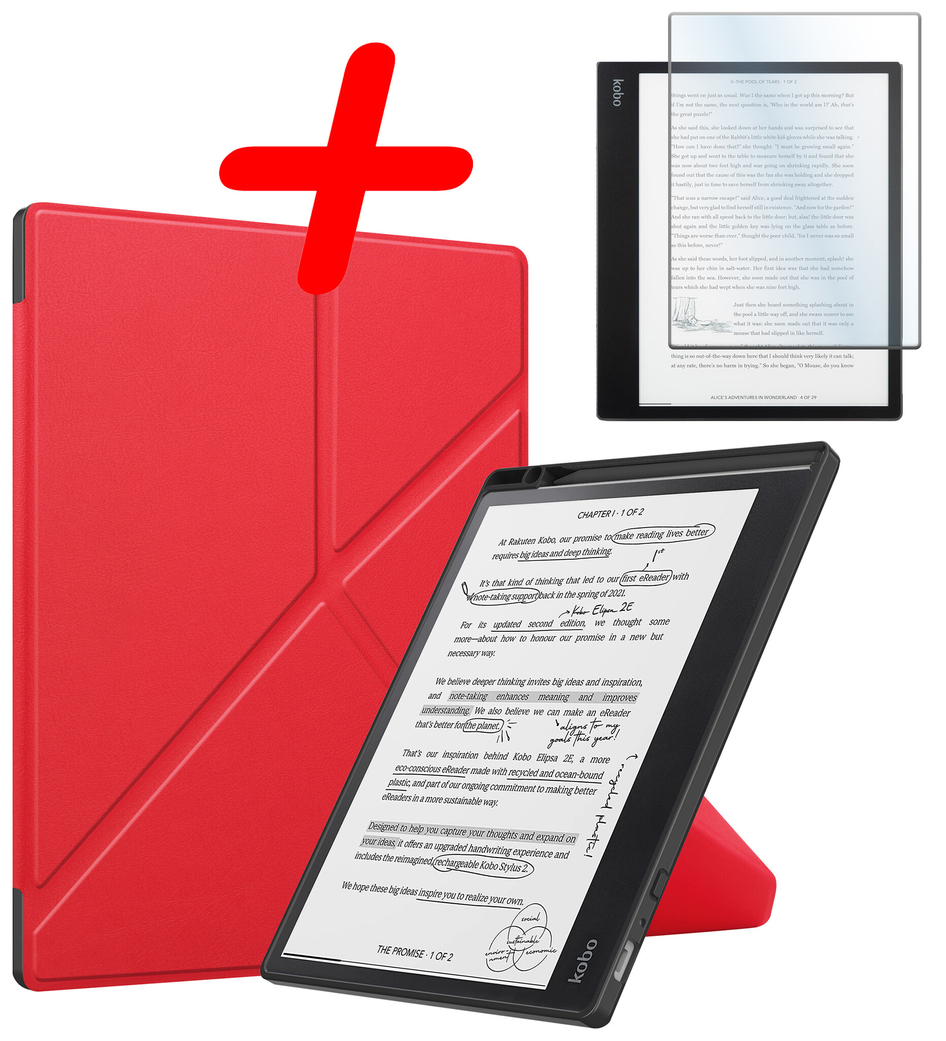 BASEY. Hoes Geschikt voor Kobo Elipsa 2E Hoesje Bookcase Cover Hoes Met Screenprotector - Hoesje Geschikt voor Kobo Elipsa 2E Hoes Cover Case - Rood