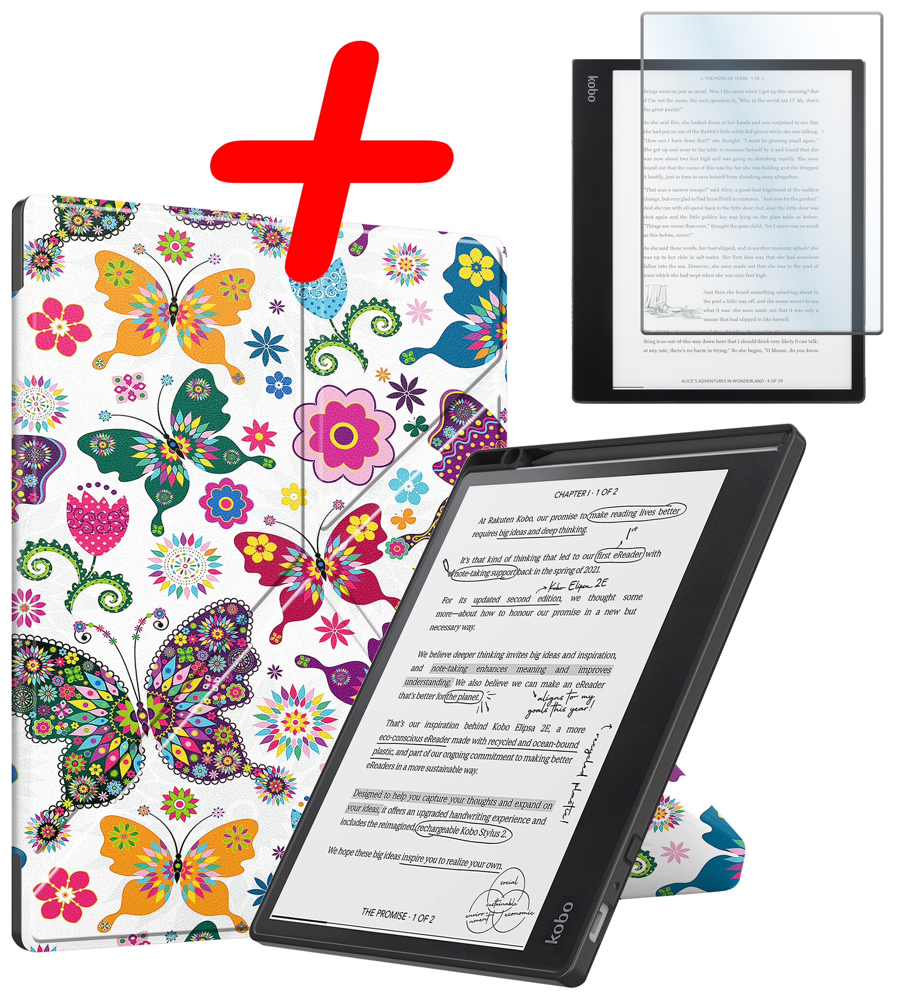 BASEY. Hoes Geschikt voor Kobo Elipsa 2E Hoesje Bookcase Cover Hoes Met Screenprotector - Hoesje Geschikt voor Kobo Elipsa 2E Hoes Cover Case - Vlinders