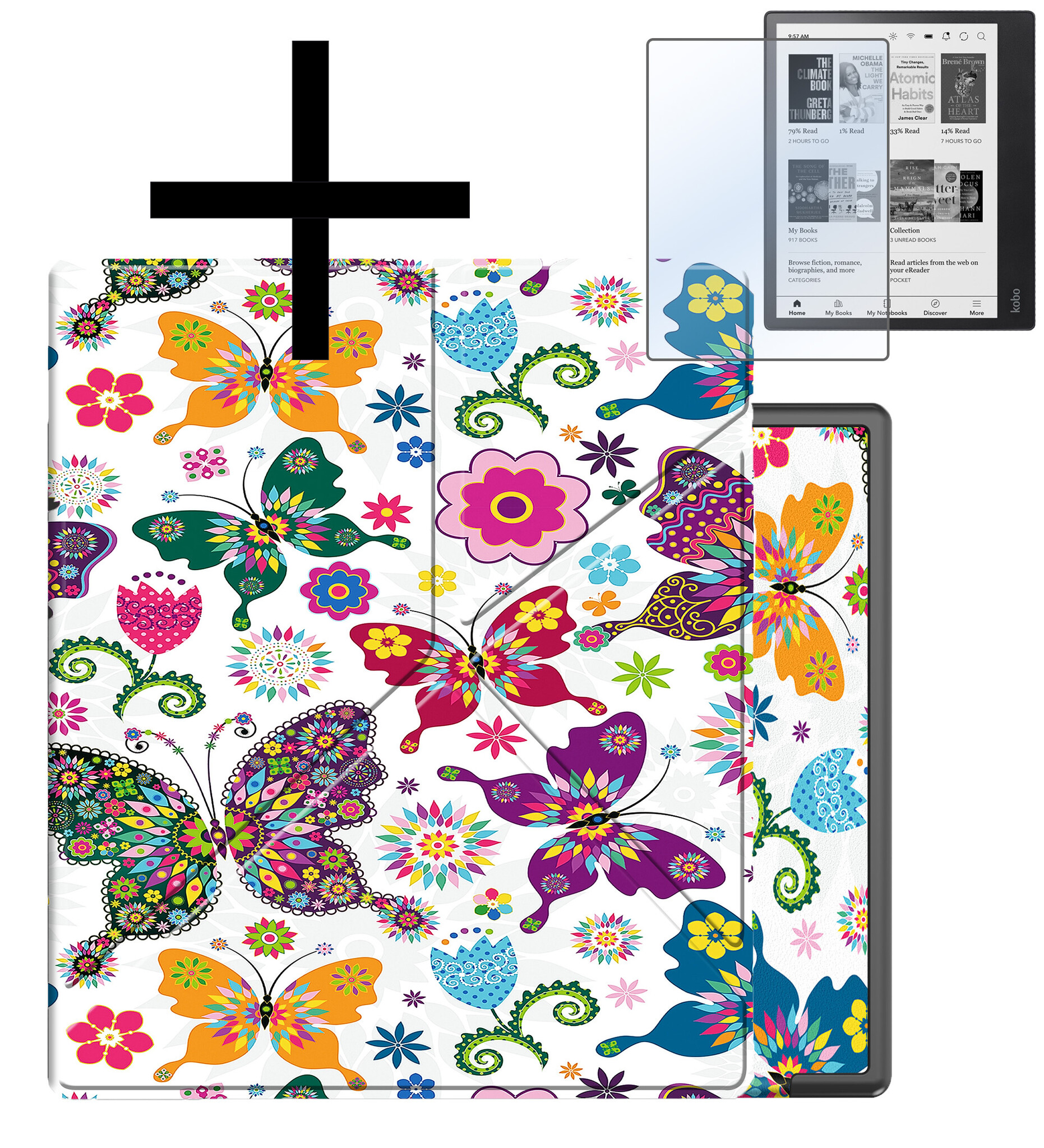 NoXx Hoes Geschikt voor Kobo Elipsa 2E Hoesje Bookcase Cover Book Case Hoes Sleepcover Met Screenprotector - Vlinders