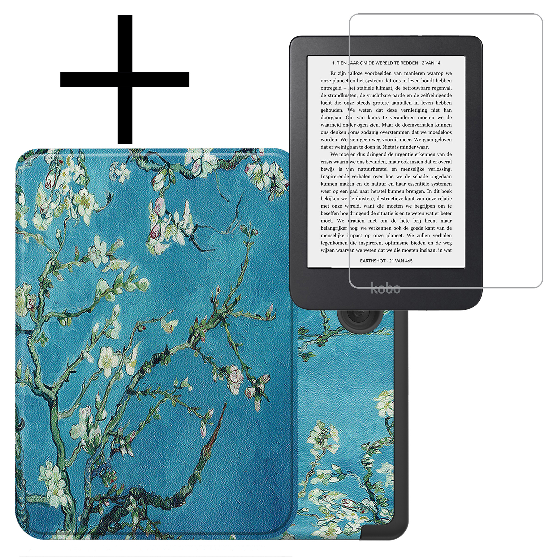 NoXx Hoes Geschikt voor Kobo Clara 2E Hoesje Bookcase Cover Book Case Hoes Sleepcover Met Screenprotector - Bloesem