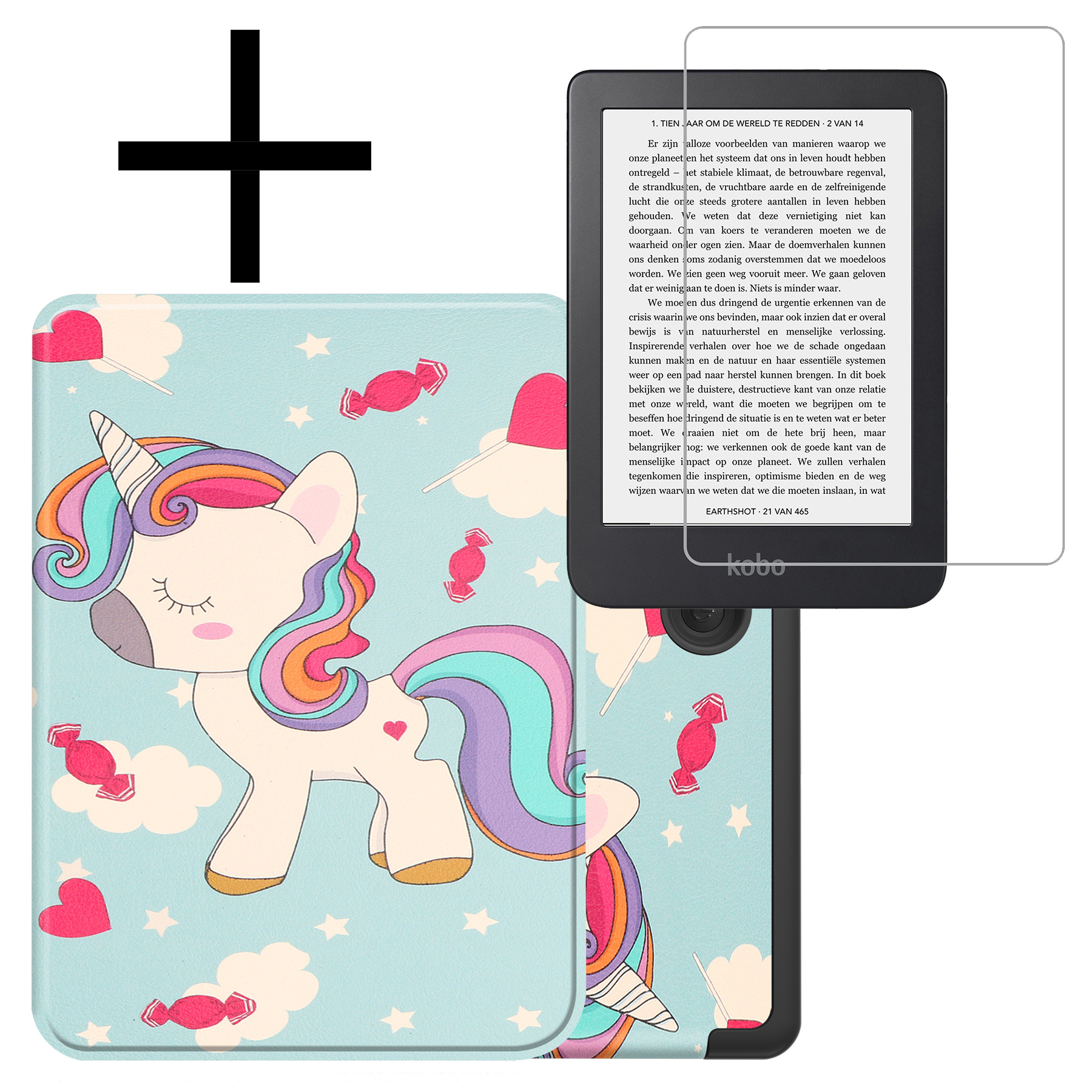NoXx Hoes Geschikt voor Kobo Clara 2E Hoesje Bookcase Cover Book Case Hoes Sleepcover Met Screenprotector - Eenhoorn