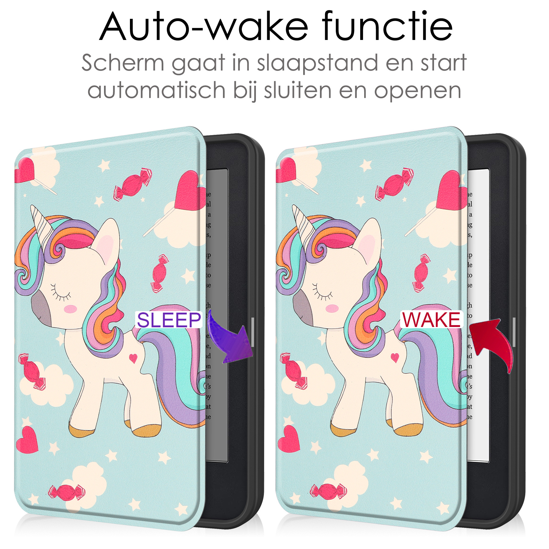 NoXx Hoes Geschikt voor Kobo Clara 2E Hoesje Bookcase Cover Book Case Hoes Sleepcover Met Screenprotector - Eenhoorn