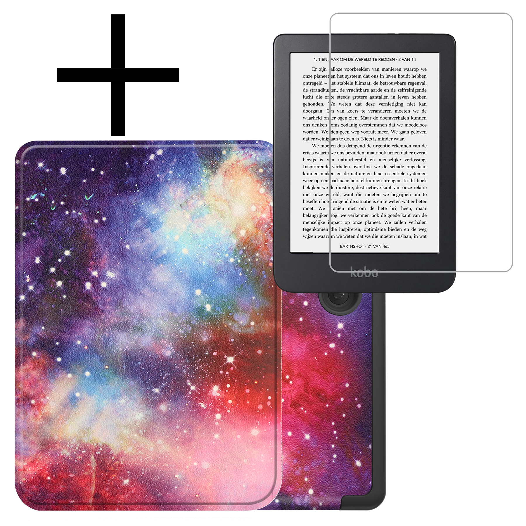 NoXx Hoes Geschikt voor Kobo Clara 2E Hoesje Bookcase Cover Book Case Hoes Sleepcover Met Screenprotector - Galaxy