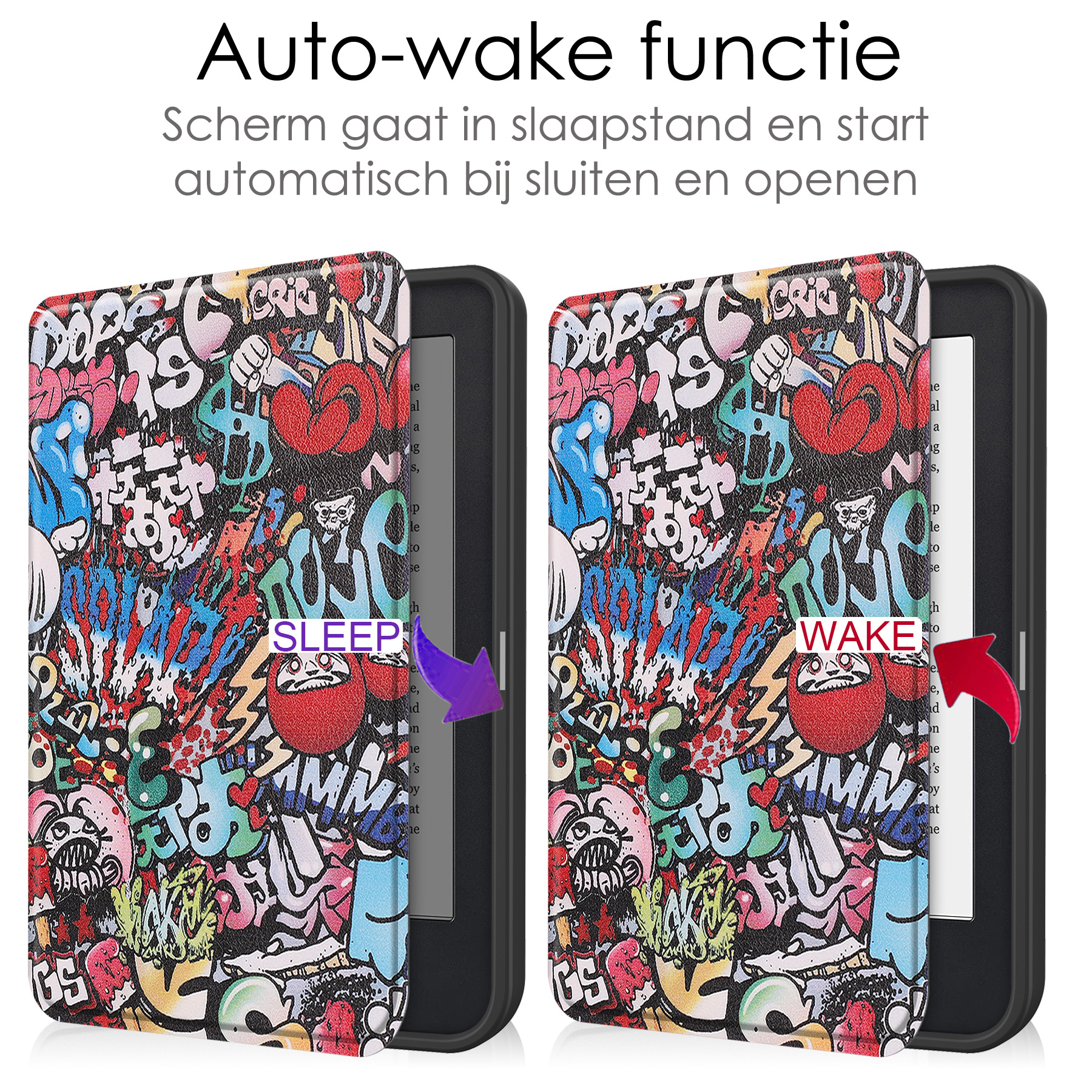 NoXx Hoes Geschikt voor Kobo Clara 2E Hoesje Bookcase Cover Book Case Hoes Sleepcover Met Screenprotector - Graffity
