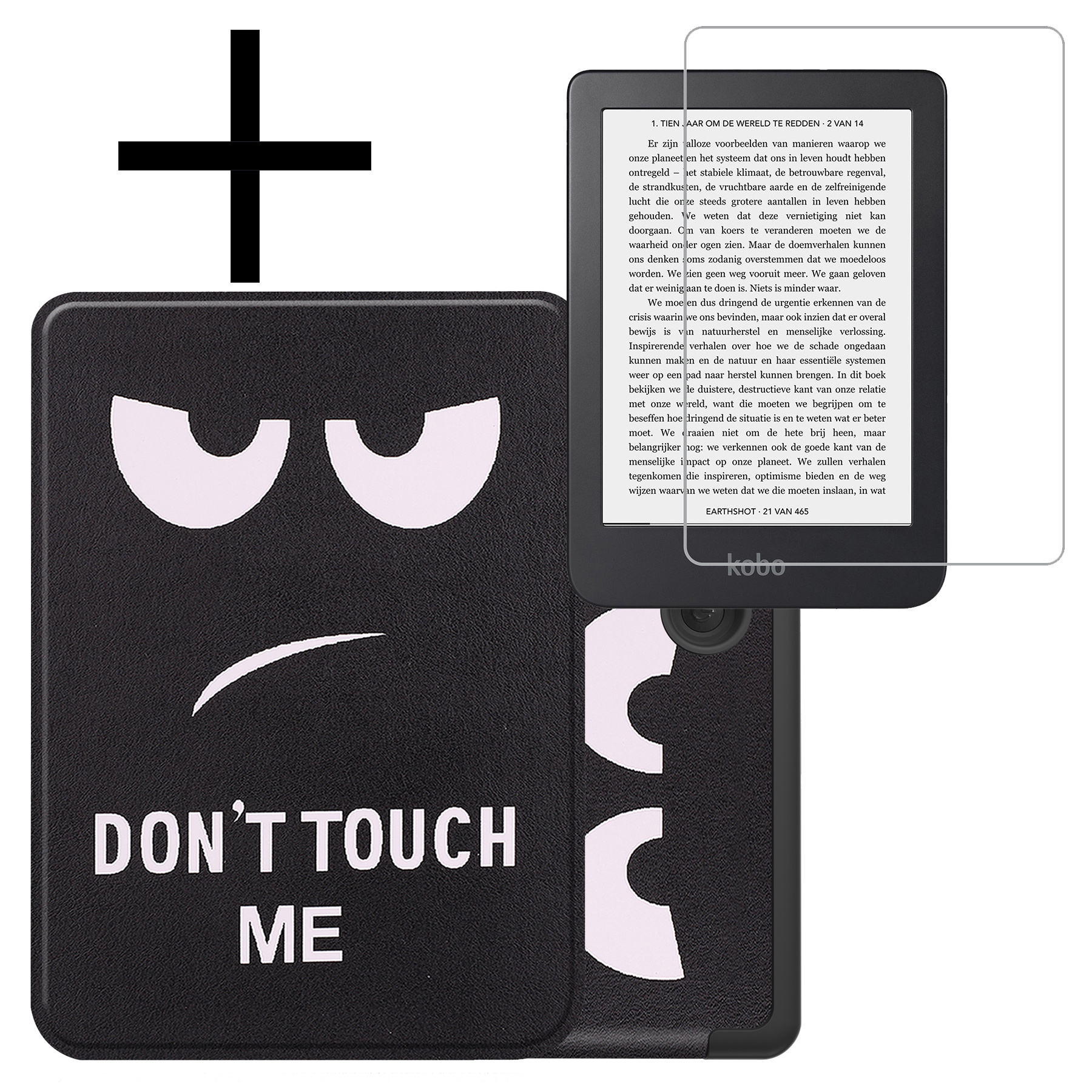 NoXx Hoes Geschikt voor Kobo Clara 2E Hoesje Bookcase Cover Book Case Hoes Sleepcover Met Screenprotector - Don't Touch Me