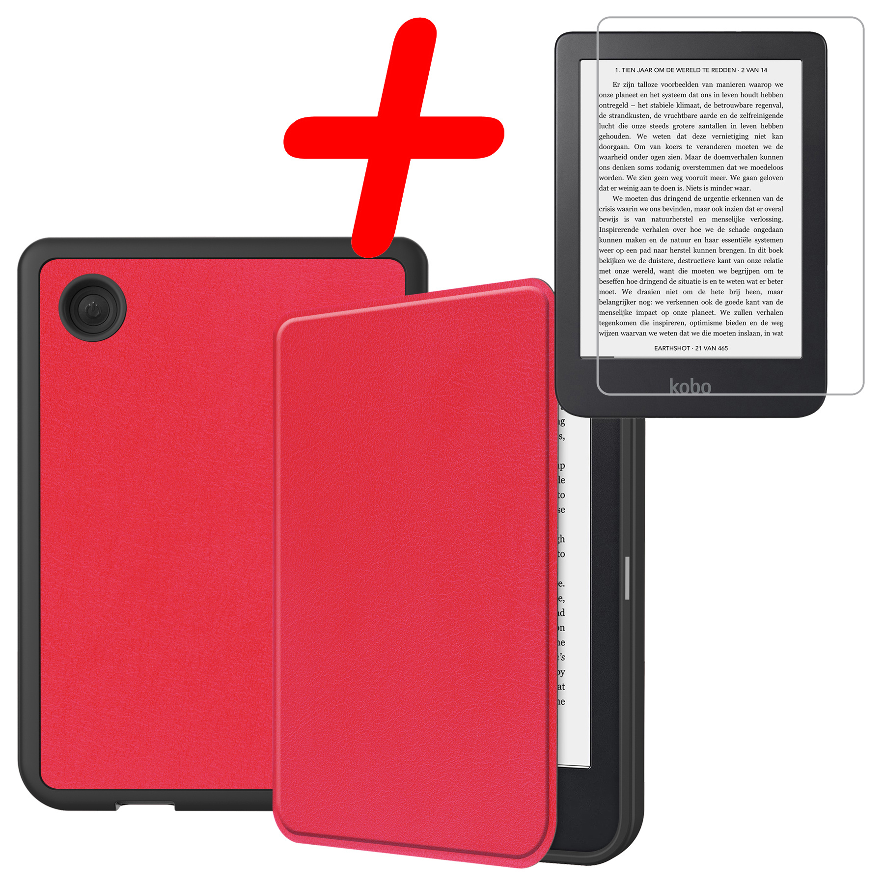 BASEY. Hoes Geschikt voor Kobo Clara 2E Hoesje Bookcase Cover Hoes Met Screenprotector - Hoesje Geschikt voor Kobo Clara 2E Hoes Cover Case - Rood