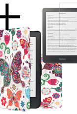 NoXx Hoes Geschikt voor Kobo Clara HD Hoesje Bookcase Cover Book Case Hoes Sleepcover Met Screenprotector - Vlinders