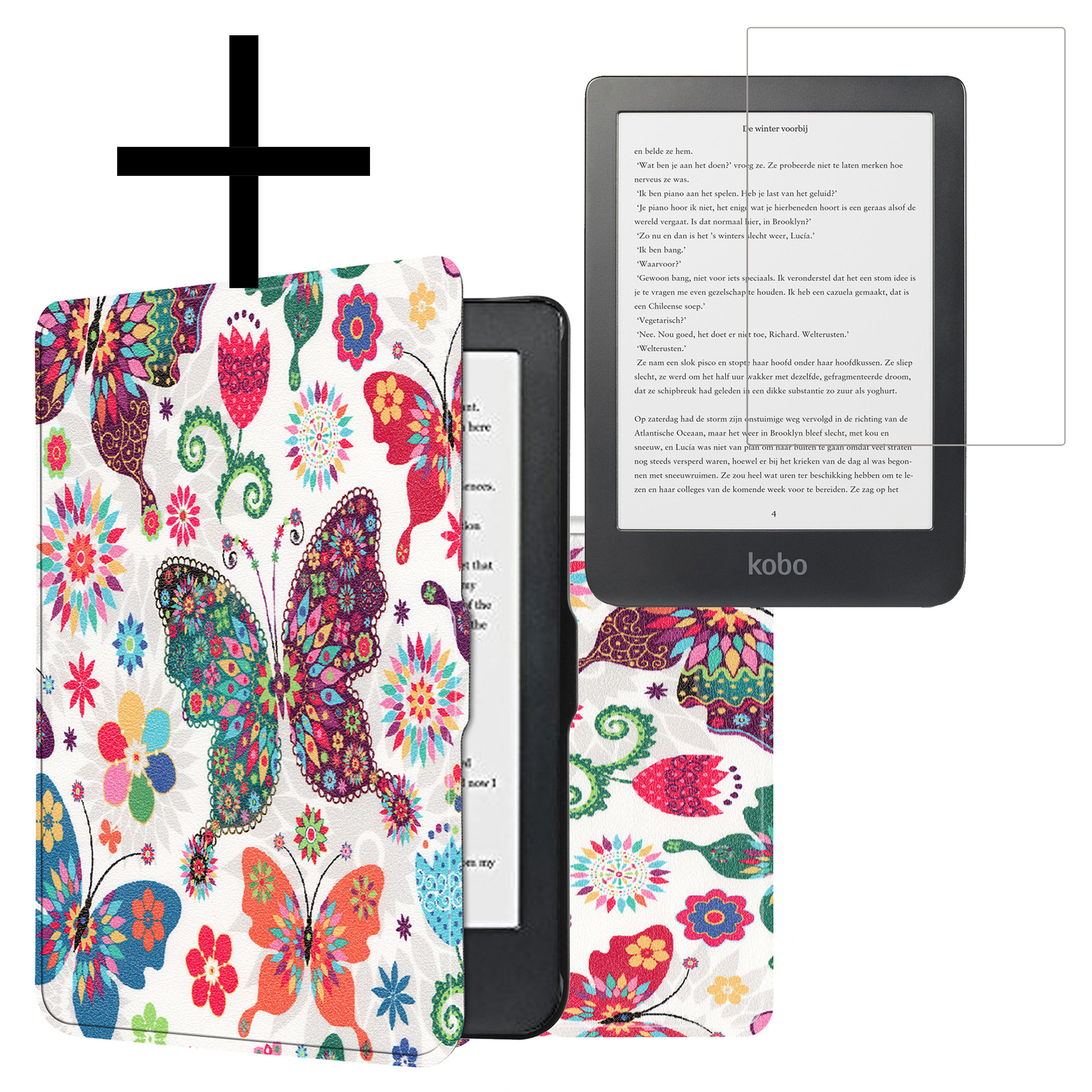 NoXx Hoes Geschikt voor Kobo Clara HD Hoesje Bookcase Cover Book Case Hoes Sleepcover Met Screenprotector - Vlinders