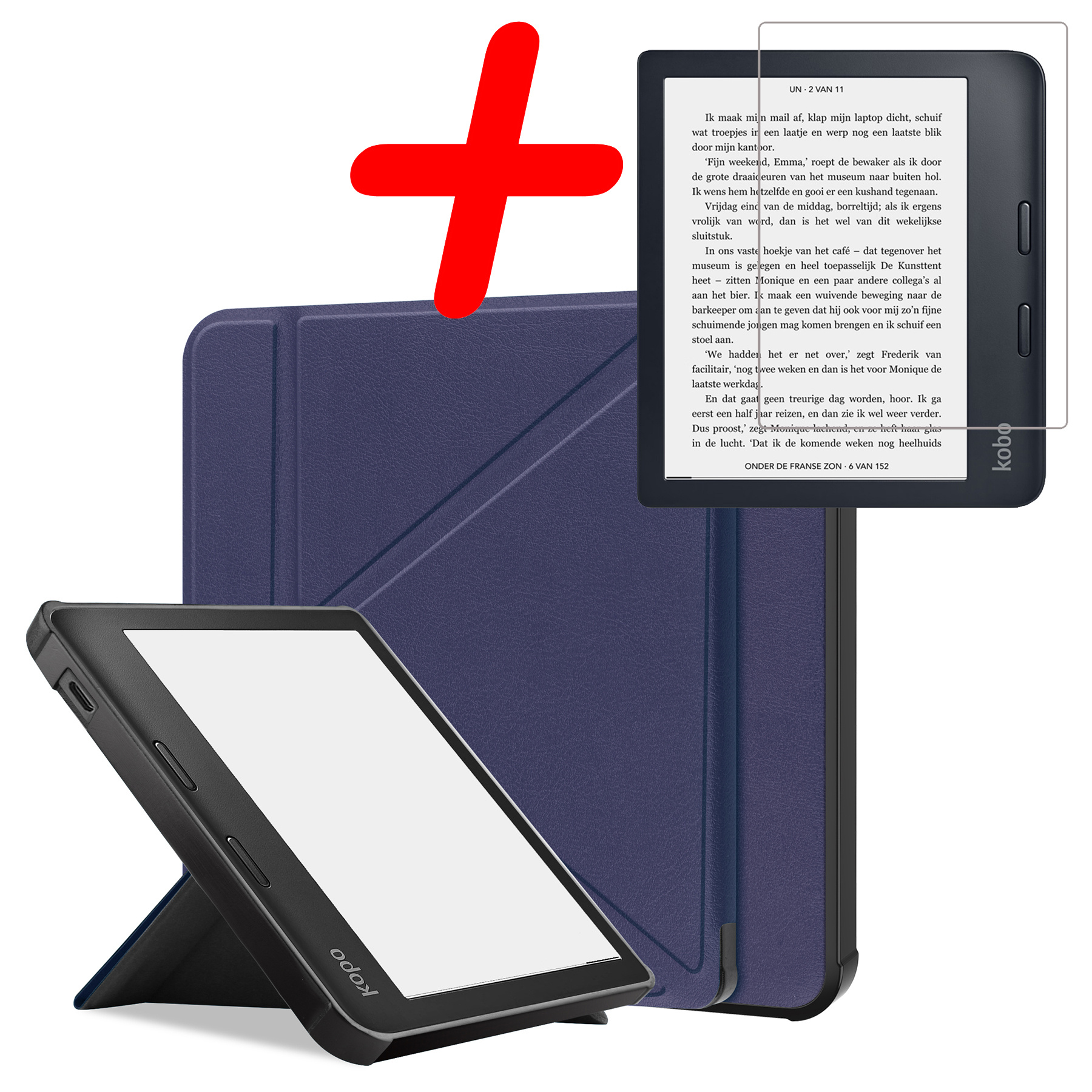 BASEY. Hoes Geschikt voor Kobo Libra 2 Hoesje Bookcase Cover Hoes Met Screenprotector - Hoesje Geschikt voor Kobo Libra 2 Hoes Cover Case - Donkerblauw