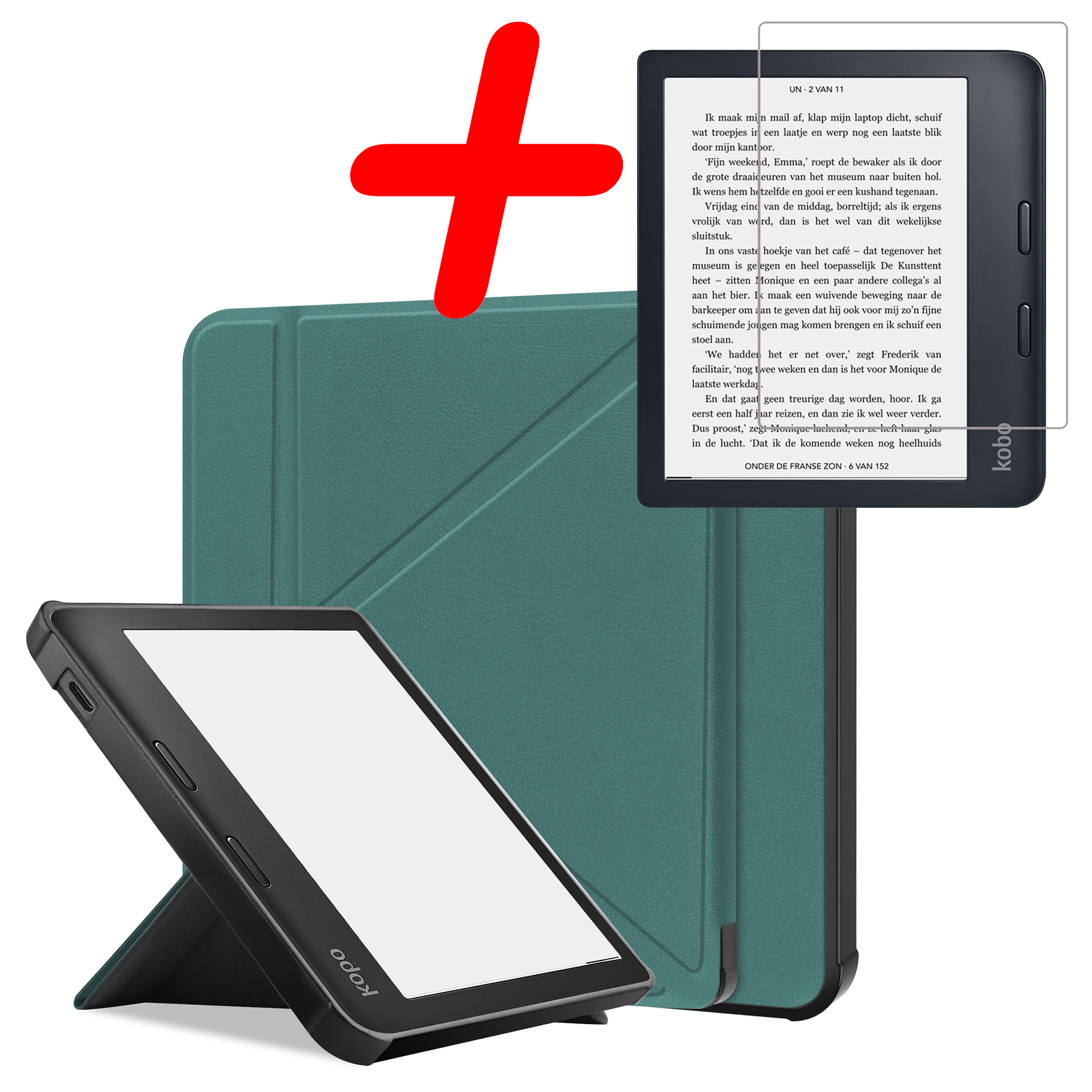 BASEY. Hoes Geschikt voor Kobo Libra 2 Hoesje Bookcase Cover Hoes Met Screenprotector - Hoesje Geschikt voor Kobo Libra 2 Hoes Cover Case - Donkergroen
