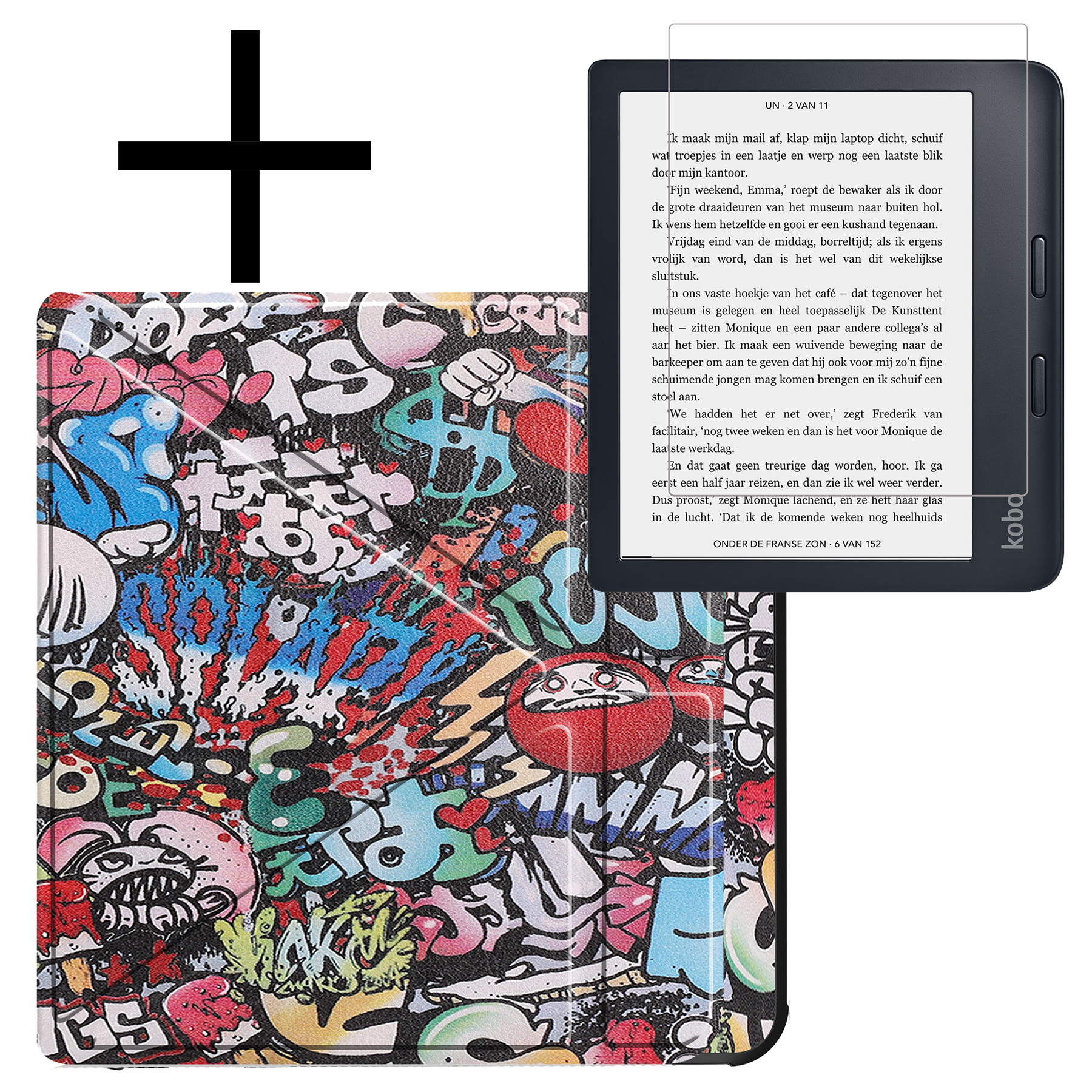 NoXx Hoes Geschikt voor Kobo Libra 2 Hoesje Bookcase Cover Book Case Hoes Sleepcover Met Screenprotector - Graffity