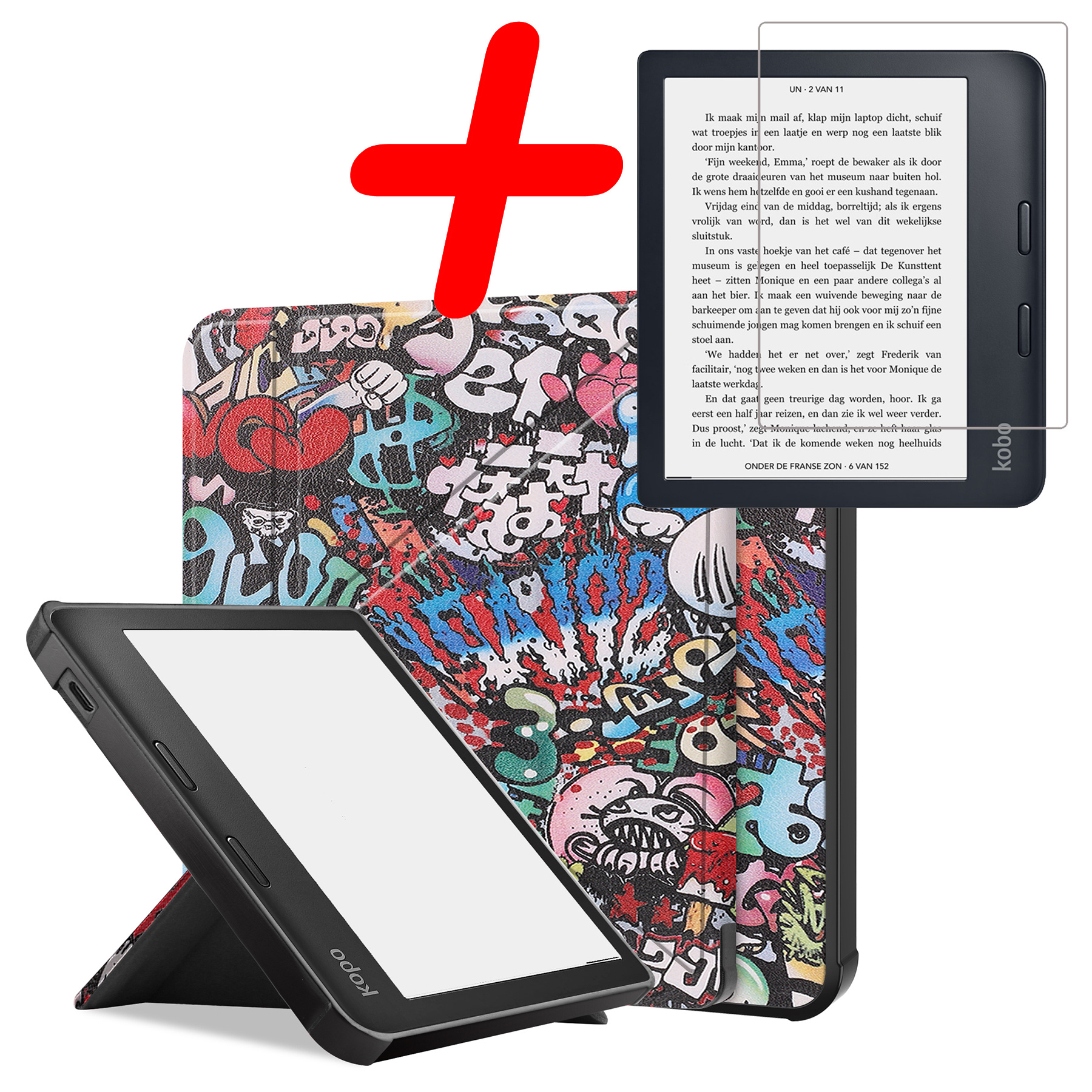 BASEY. Hoes Geschikt voor Kobo Libra 2 Hoesje Bookcase Cover Hoes Met Screenprotector - Hoesje Geschikt voor Kobo Libra 2 Hoes Cover Case - Graffity