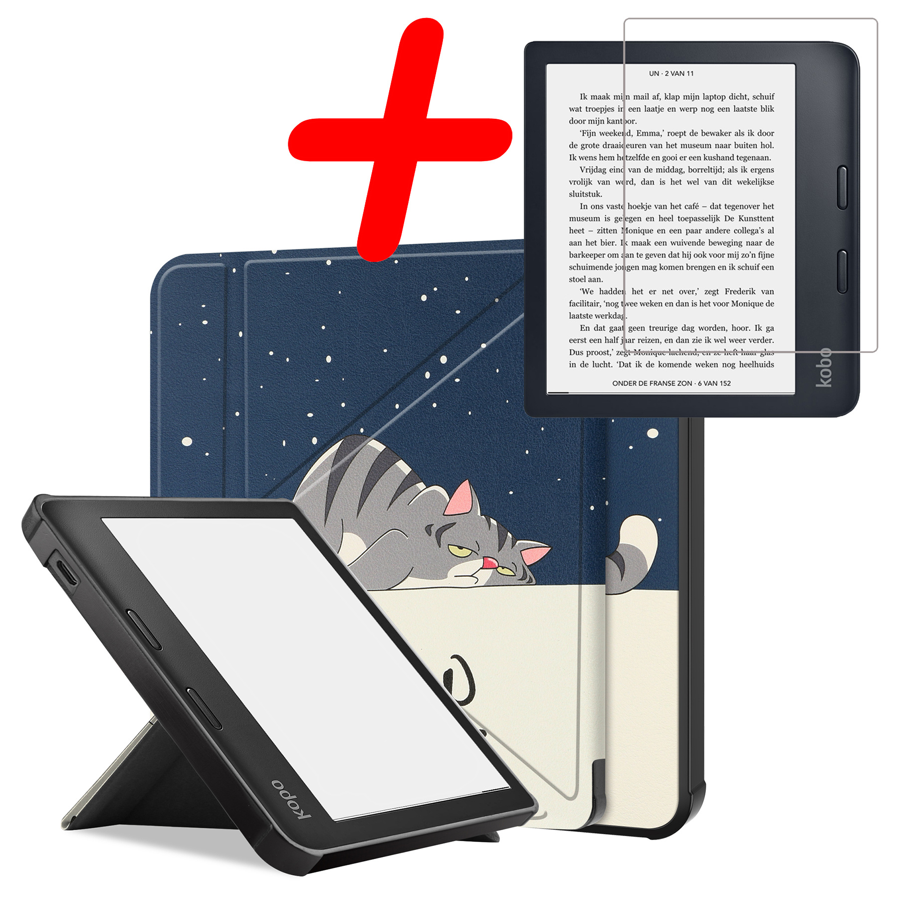 BASEY. Hoes Geschikt voor Kobo Libra 2 Hoesje Bookcase Cover Hoes Met Screenprotector - Hoesje Geschikt voor Kobo Libra 2 Hoes Cover Case - Kat