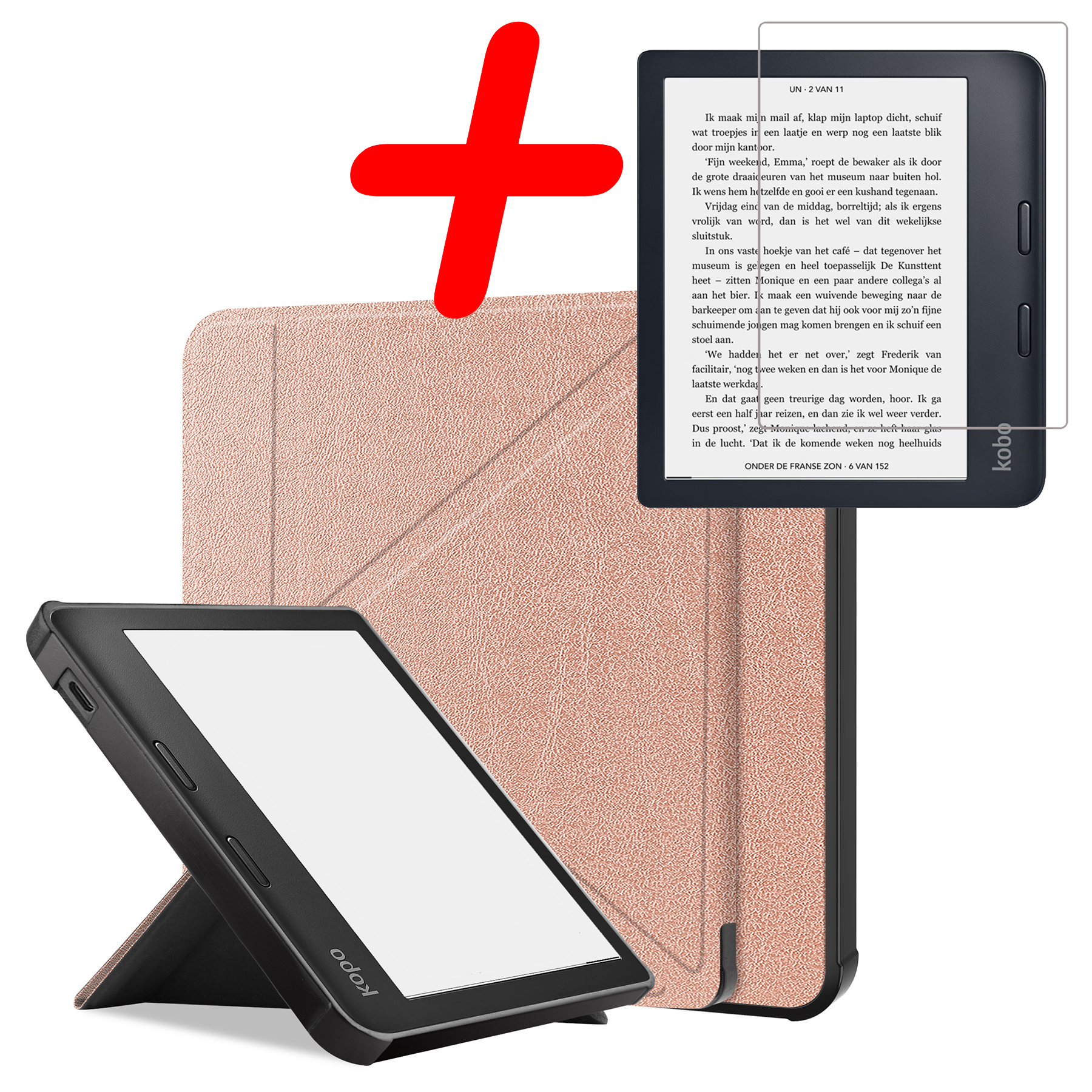 BASEY. Hoes Geschikt voor Kobo Libra 2 Hoesje Bookcase Cover Hoes Met Screenprotector - Hoesje Geschikt voor Kobo Libra 2 Hoes Cover Case - Rosé Goud