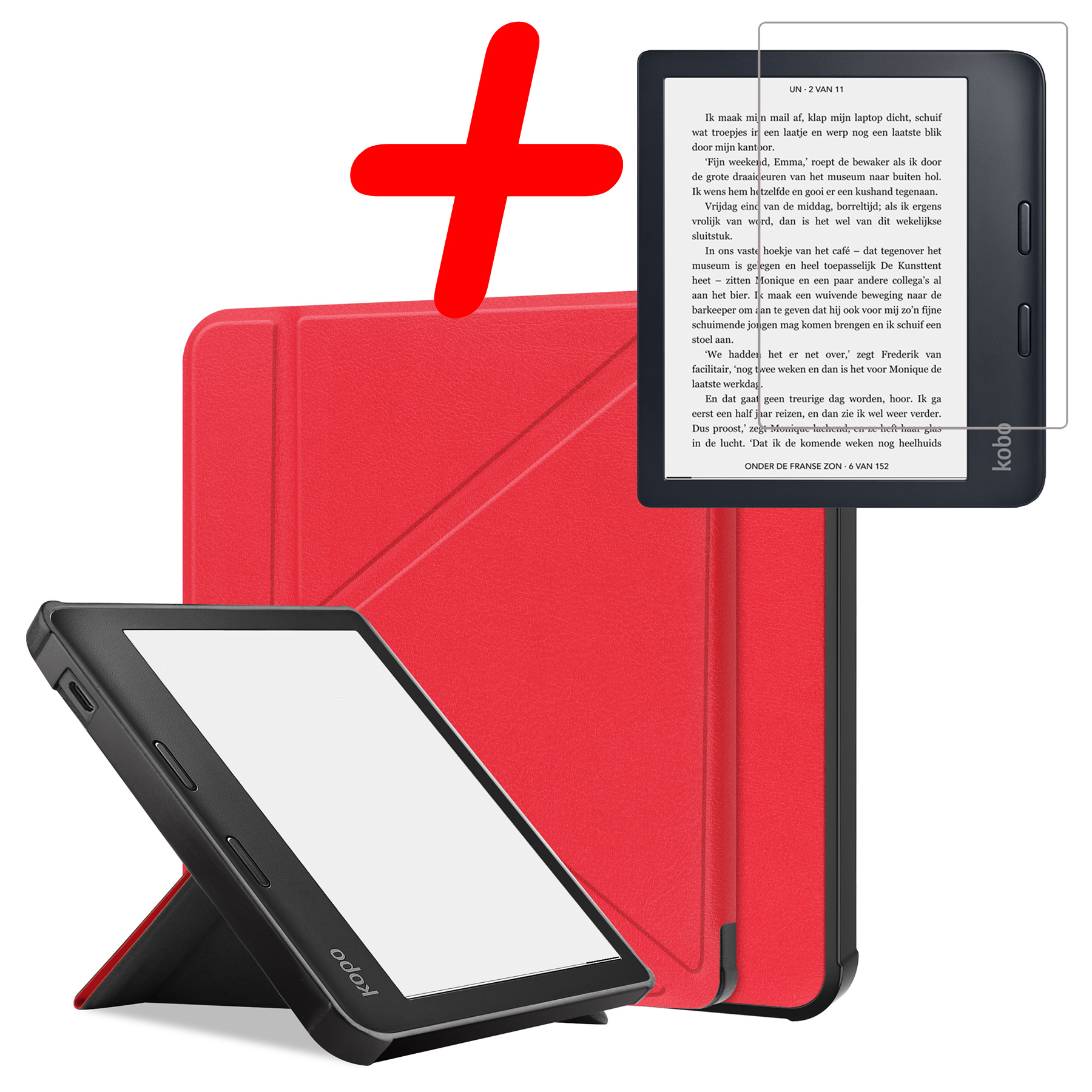 BASEY. Hoes Geschikt voor Kobo Libra 2 Hoesje Bookcase Cover Hoes Met Screenprotector - Hoesje Geschikt voor Kobo Libra 2 Hoes Cover Case - Rood